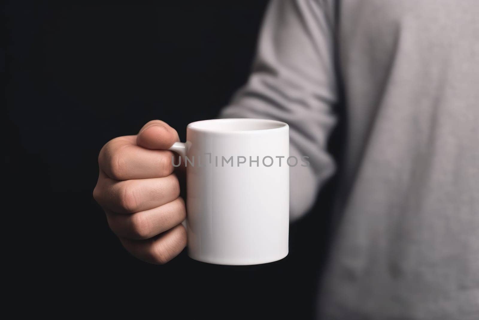 Closeup of hand holding of white mug or cup isolated Generative AI.