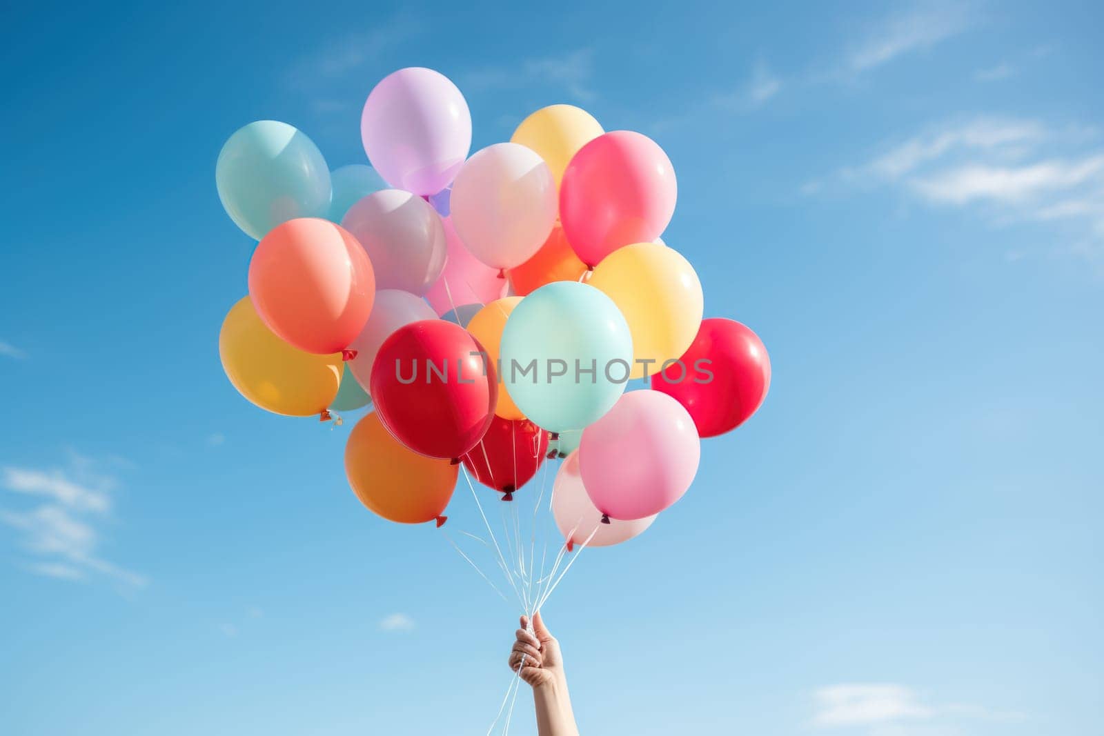 Creative scene with a hand holding a bunch of colorful balloons Generative AI.