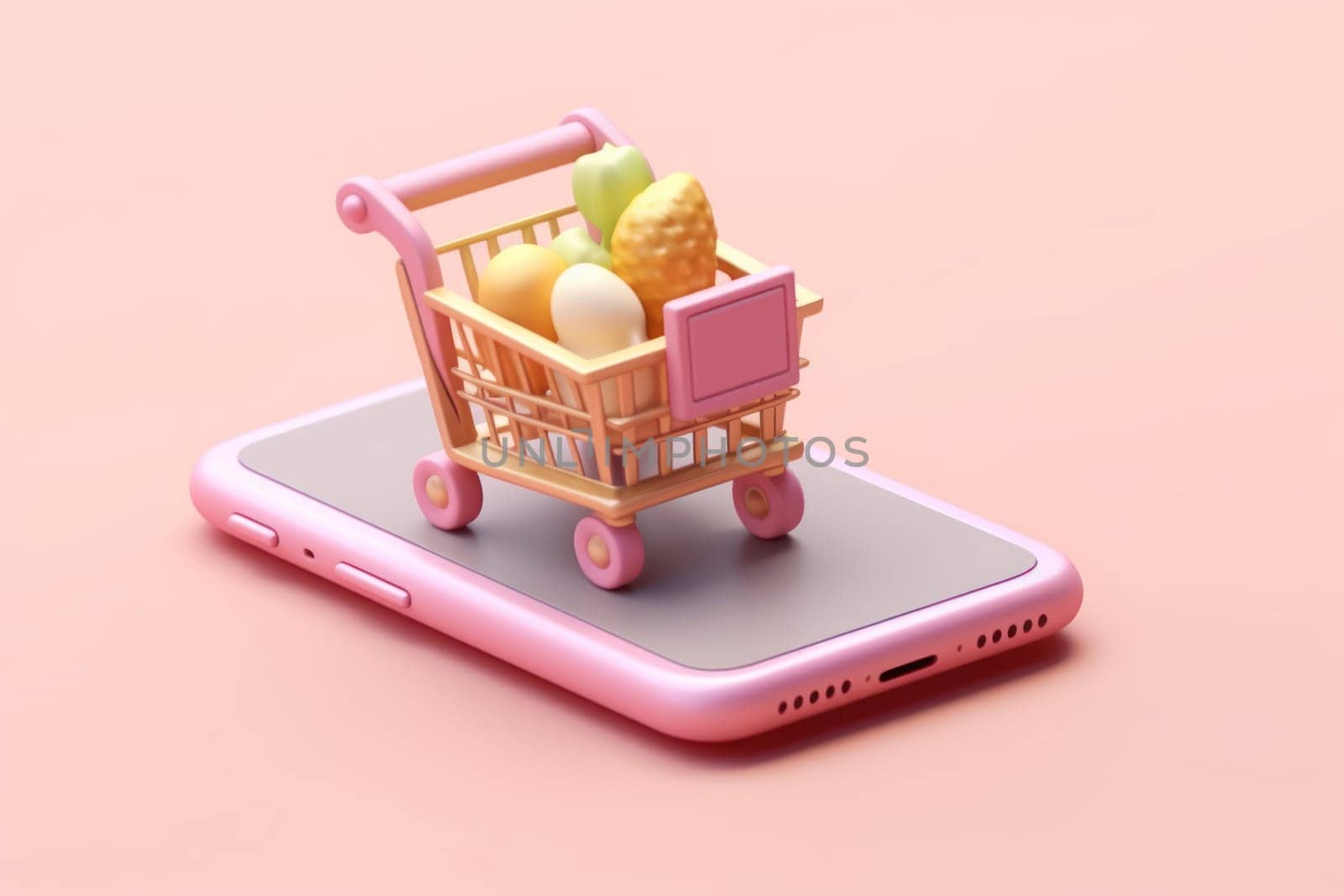 Online shopping isometric concept Shopping cart and mobile Tiny 3D render Generative AI.