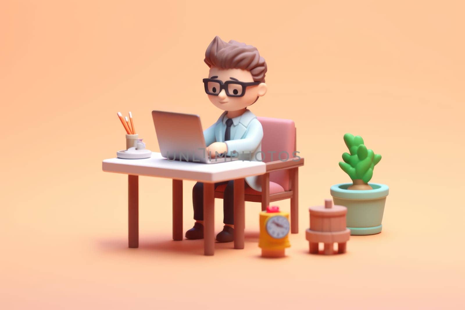 A business boy working with laptop on desk Tiny cute isometric 3D render Generative AI.