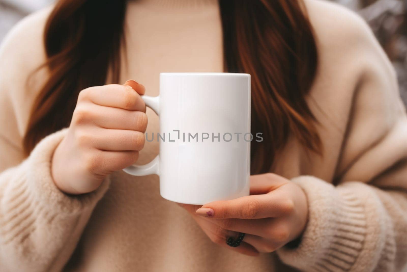 Closeup of hand holding of white mug or cup isolated Generative AI.