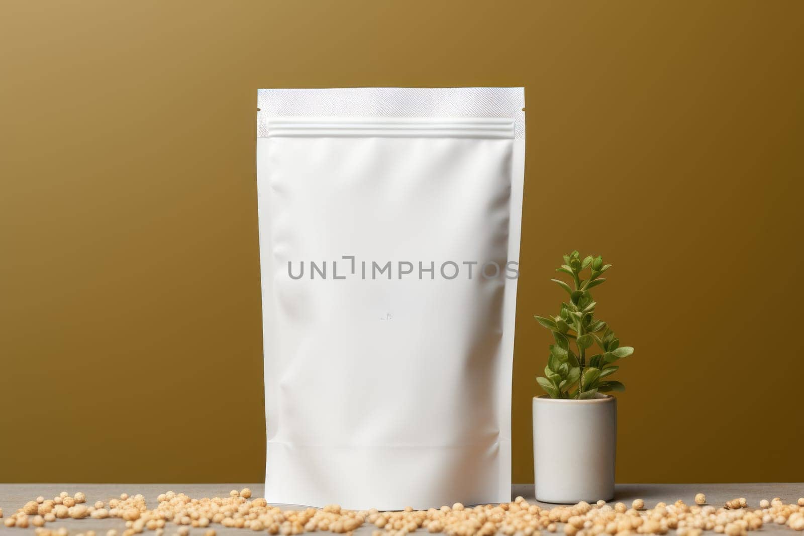 White Blank Coffee bag Pack Mockup Stand Up with pastel natural theme background Generative AI.