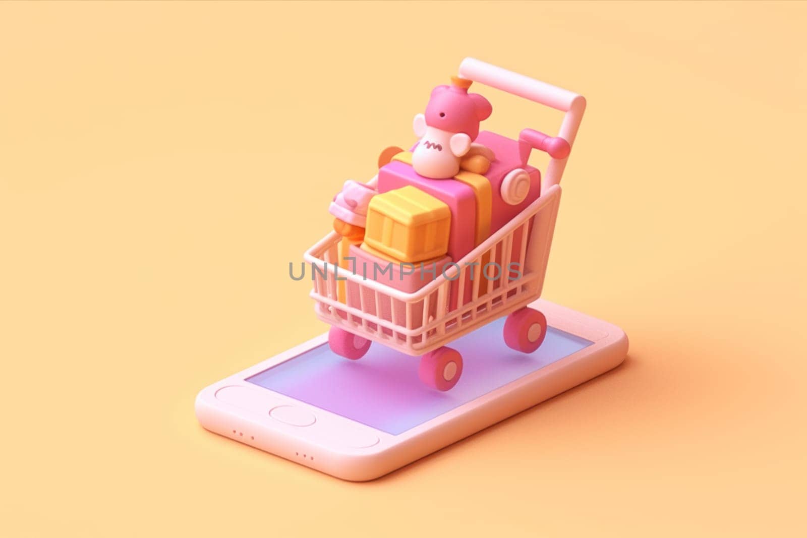 Online shopping isometric concept Shopping cart and mobile Tiny 3D render Generative AI.