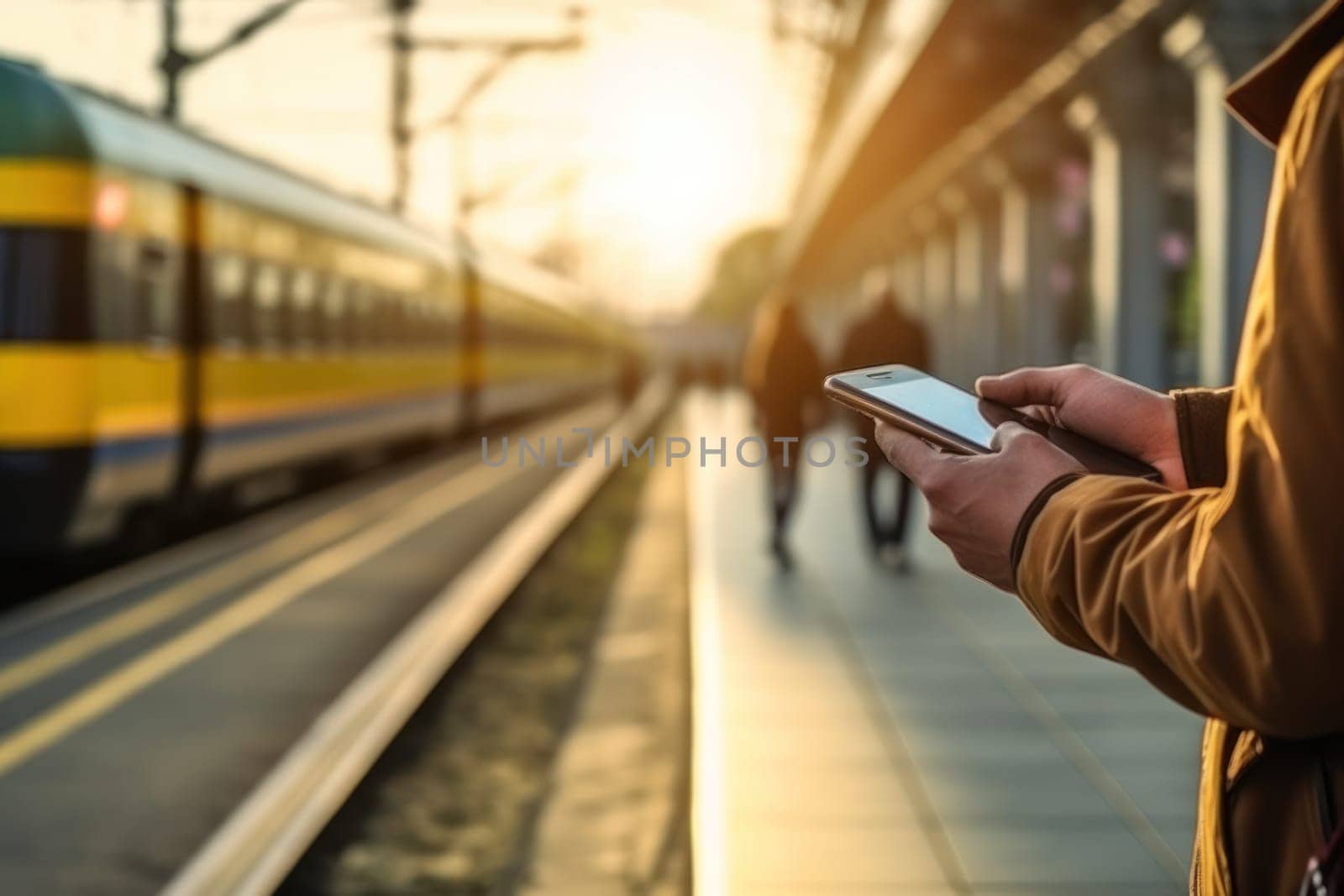 Close up Hand of human using mobile phone at railway station Generative AI.