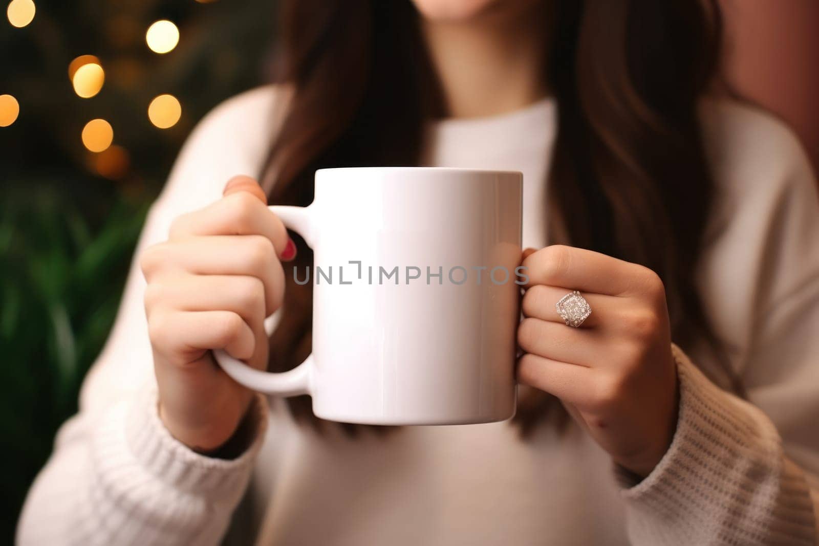 Closeup of hand holding of white mug or cup isolated Generative AI.