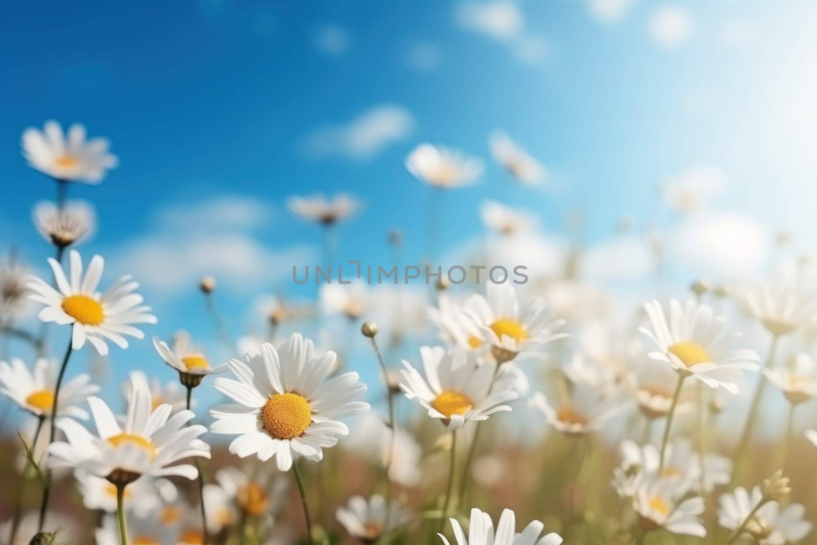 Field of blooming Daisies and blue sky Generative AI.