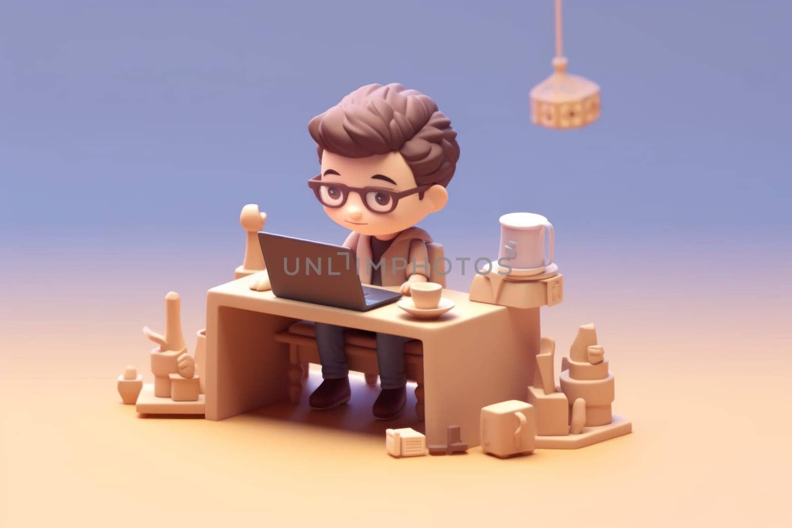 A business boy working with laptop on desk Tiny cute isometric 3D render Generative AI.