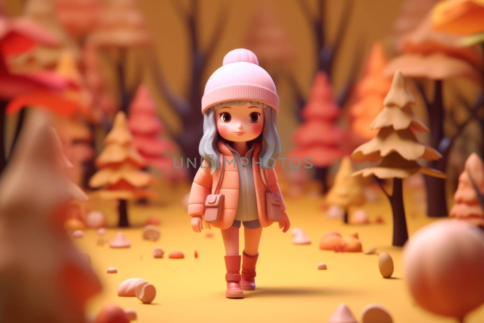A girl walking in autumn season concept 3d Tiny cute isometric Generative AI.