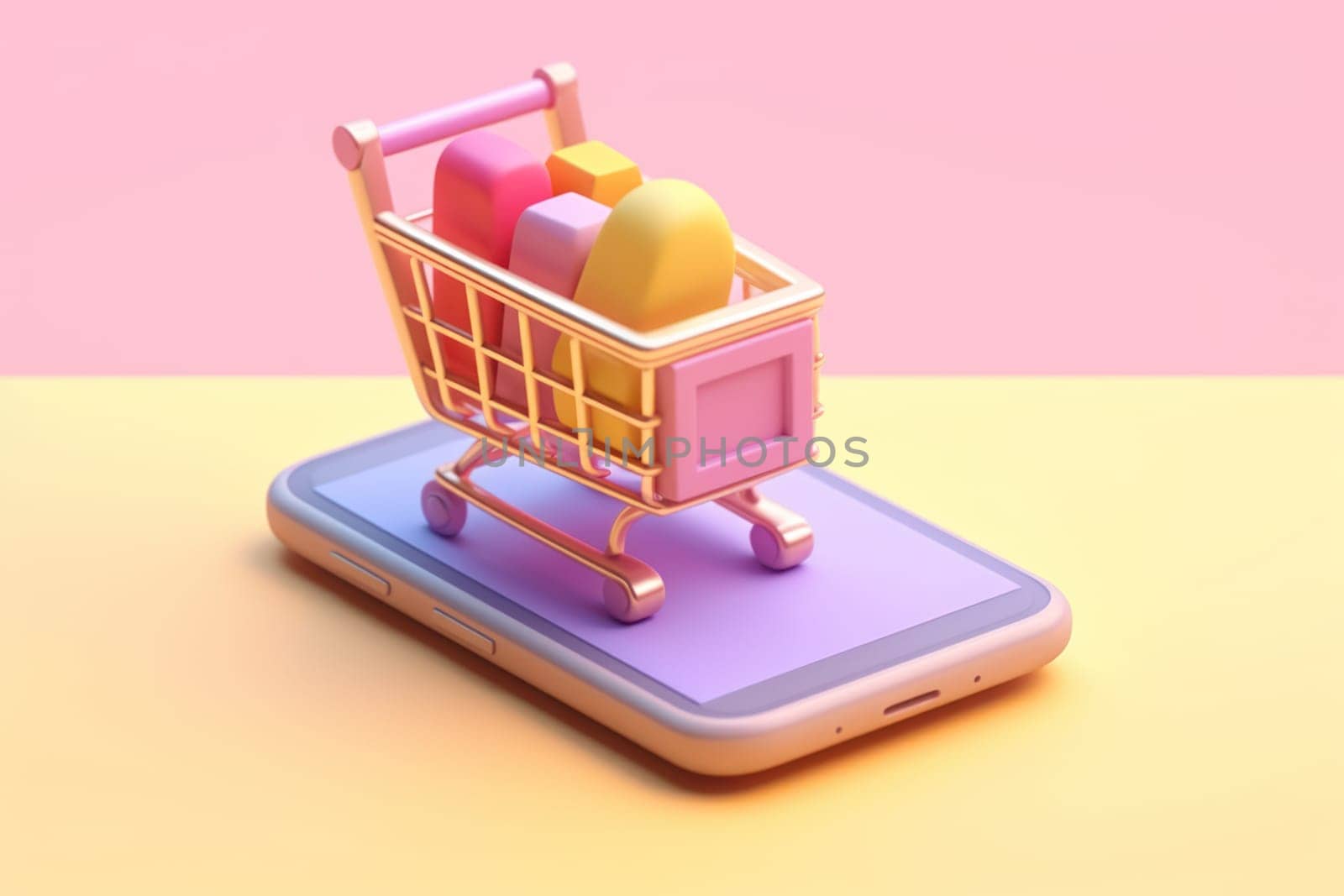 Online shopping isometric concept Shopping cart and mobile Tiny 3D render Generative AI.