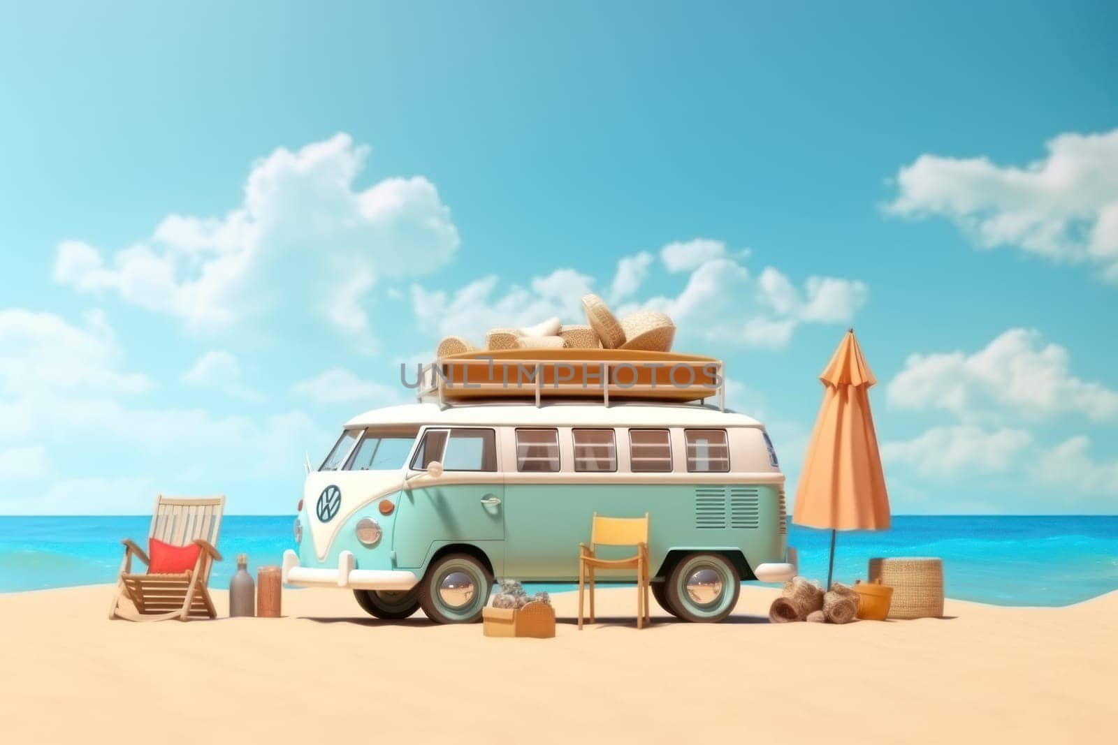 Summer vacation travel holiday van and beach accessories with beautiful sea background Generative AI.