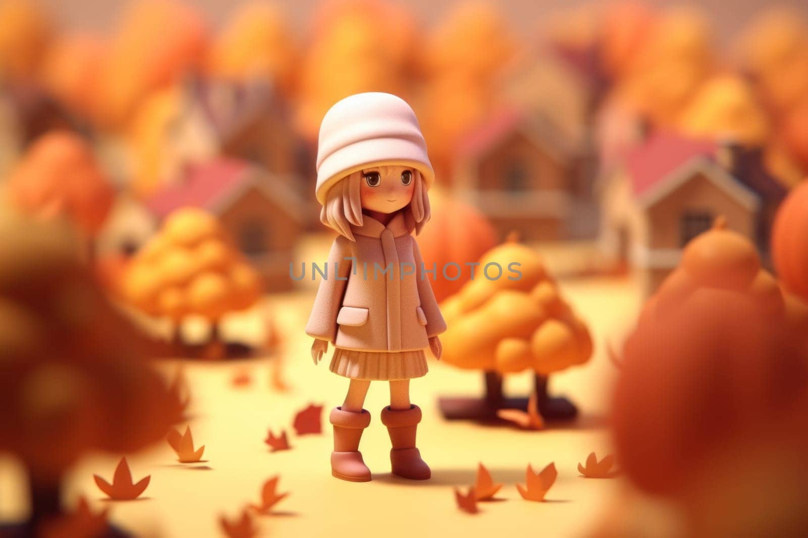 A girl walking in autumn season concept 3d Tiny cute isometric Generative AI.