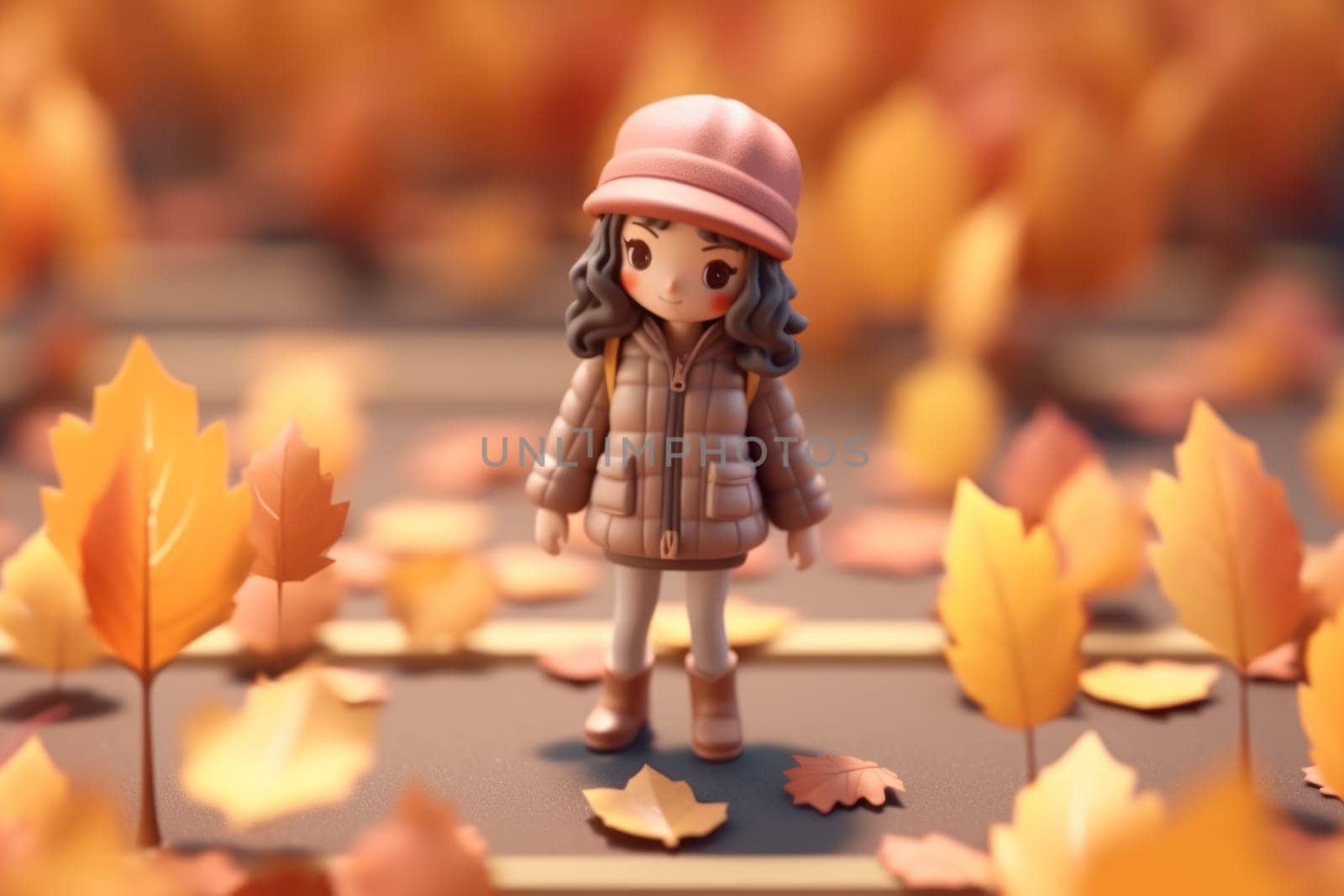 A girl walking in autumn season concept 3d Tiny cute isometric Generative AI.