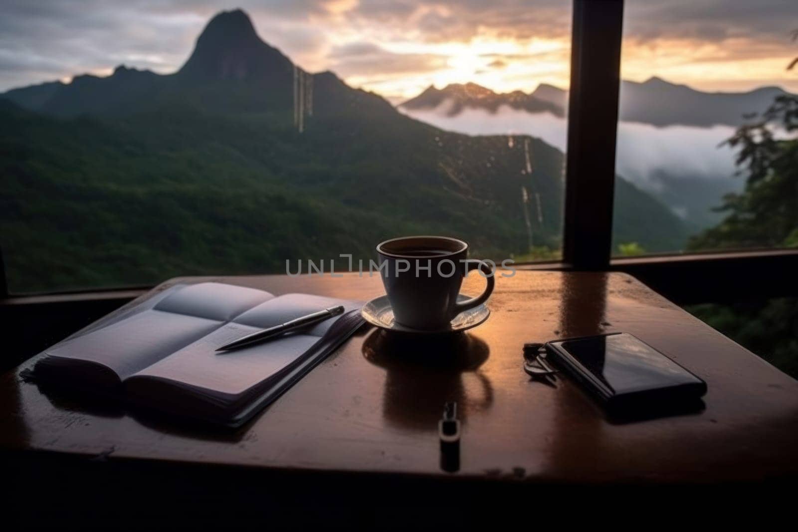 notebook pencil and cup of coffee prepare to write at the balcony and mountain view Generative AI.