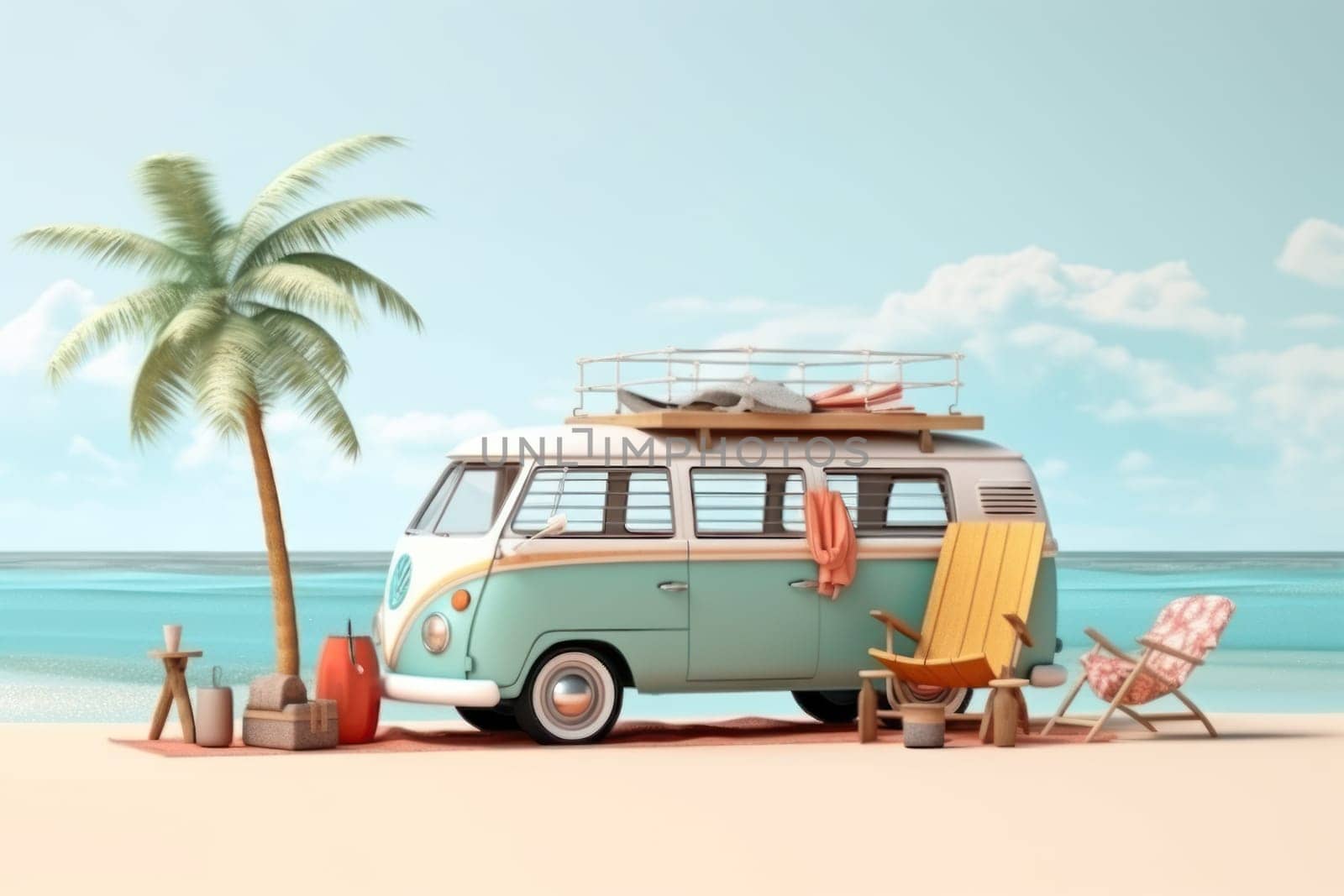 Summer vacation travel holiday van and beach accessories with beautiful sea background Generative AI.