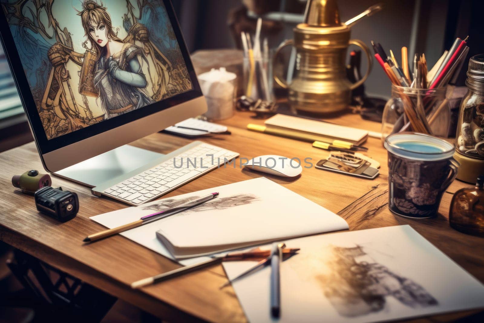 graphic designer home office and creative desk Generative AI.