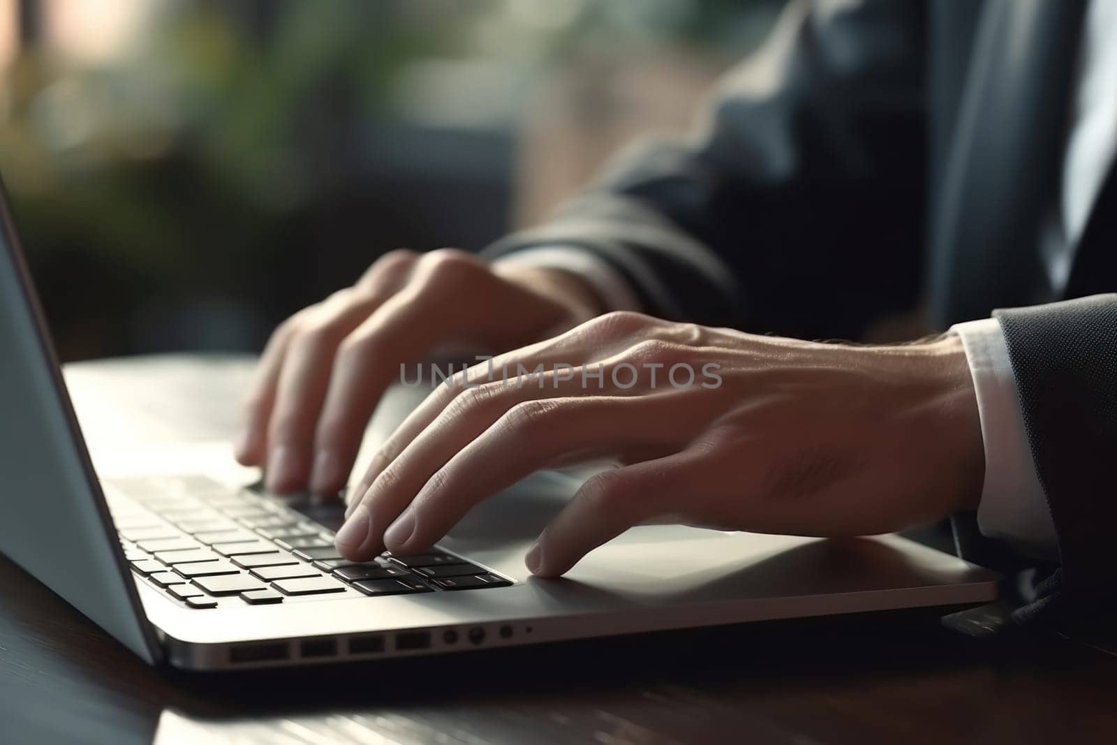 Closeup shot hands working on a laptop Generative AI by nijieimu