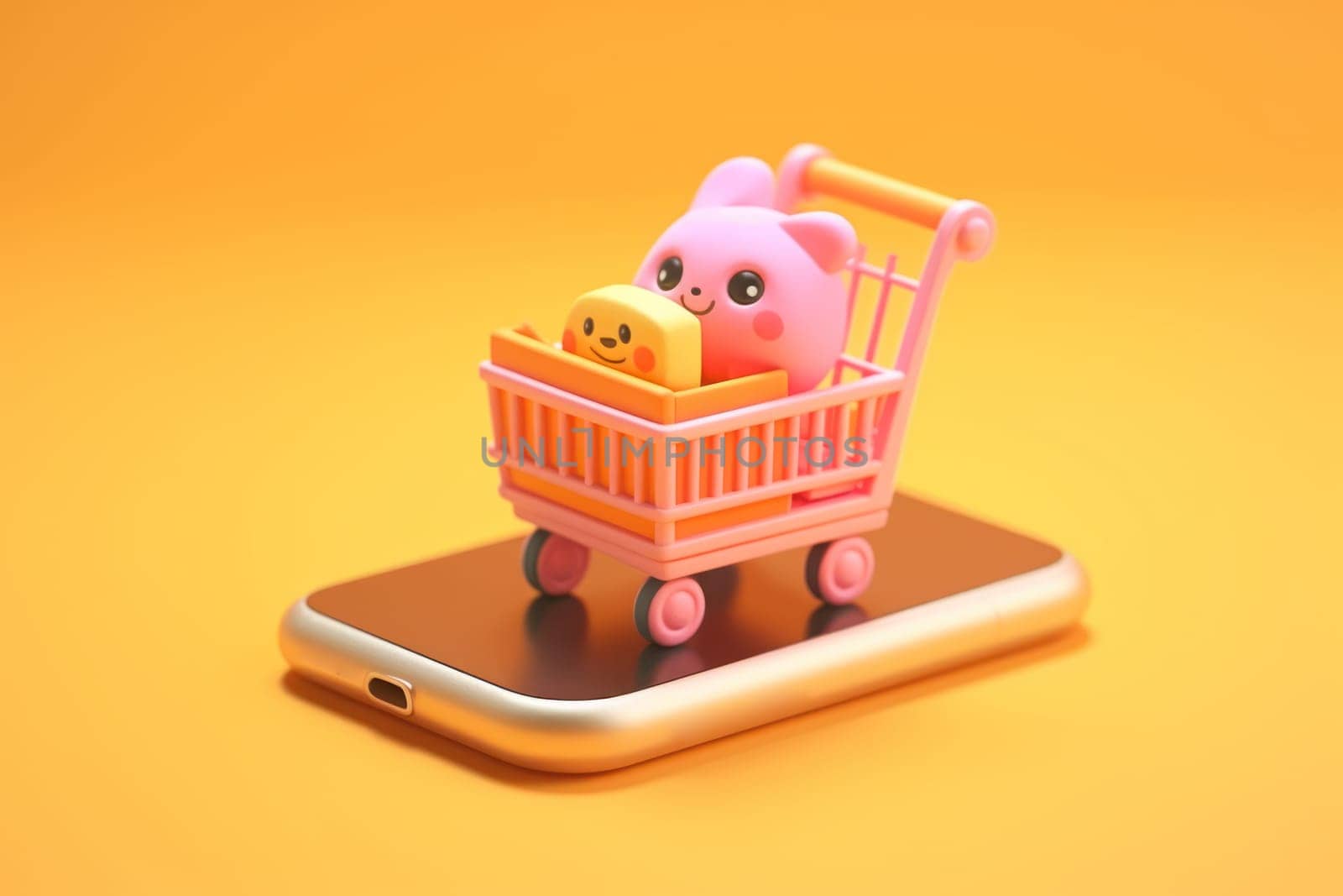 Online shopping isometric concept Shopping cart and mobile Tiny 3D render Generative AI.