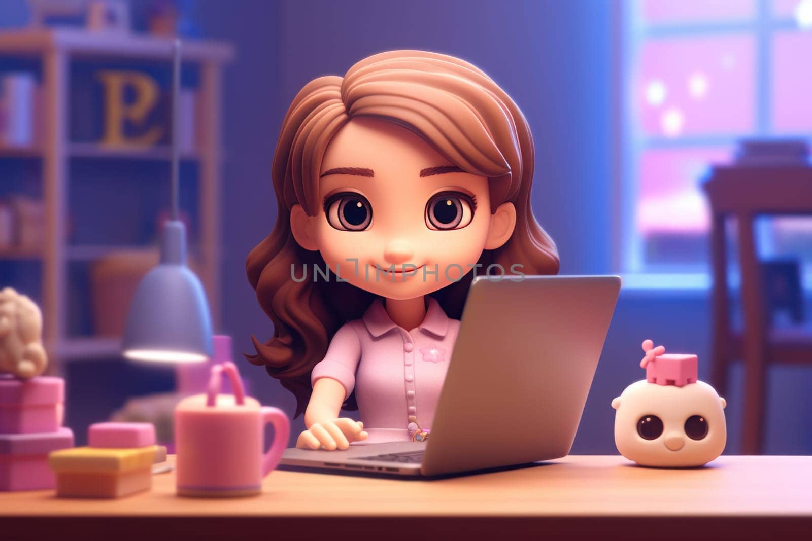 A business girl working with laptop on desk 3D Tiny cute isometric Generative AI.