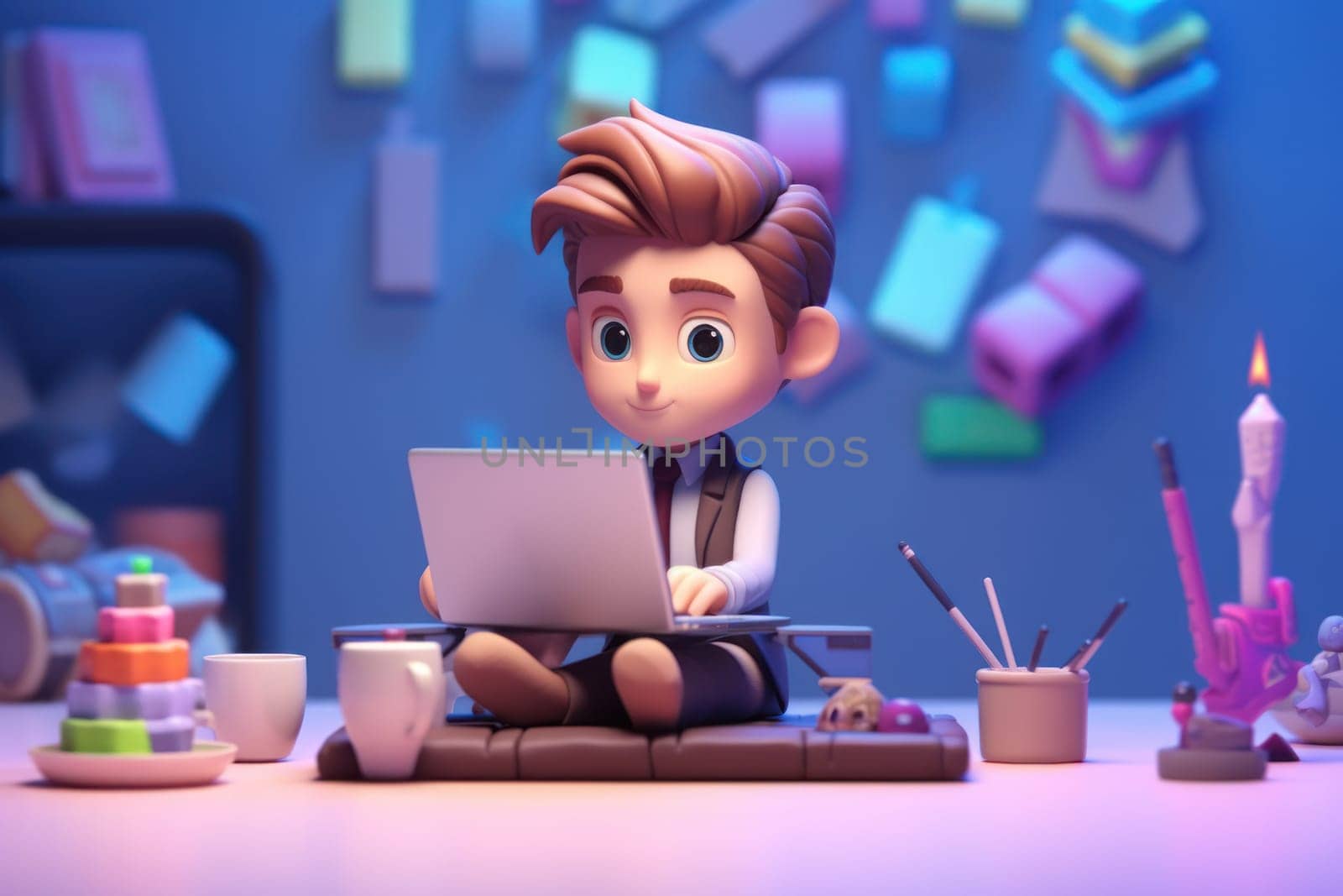 A business boy working with laptop on desk 3D Tiny cute isometric Generative AI.