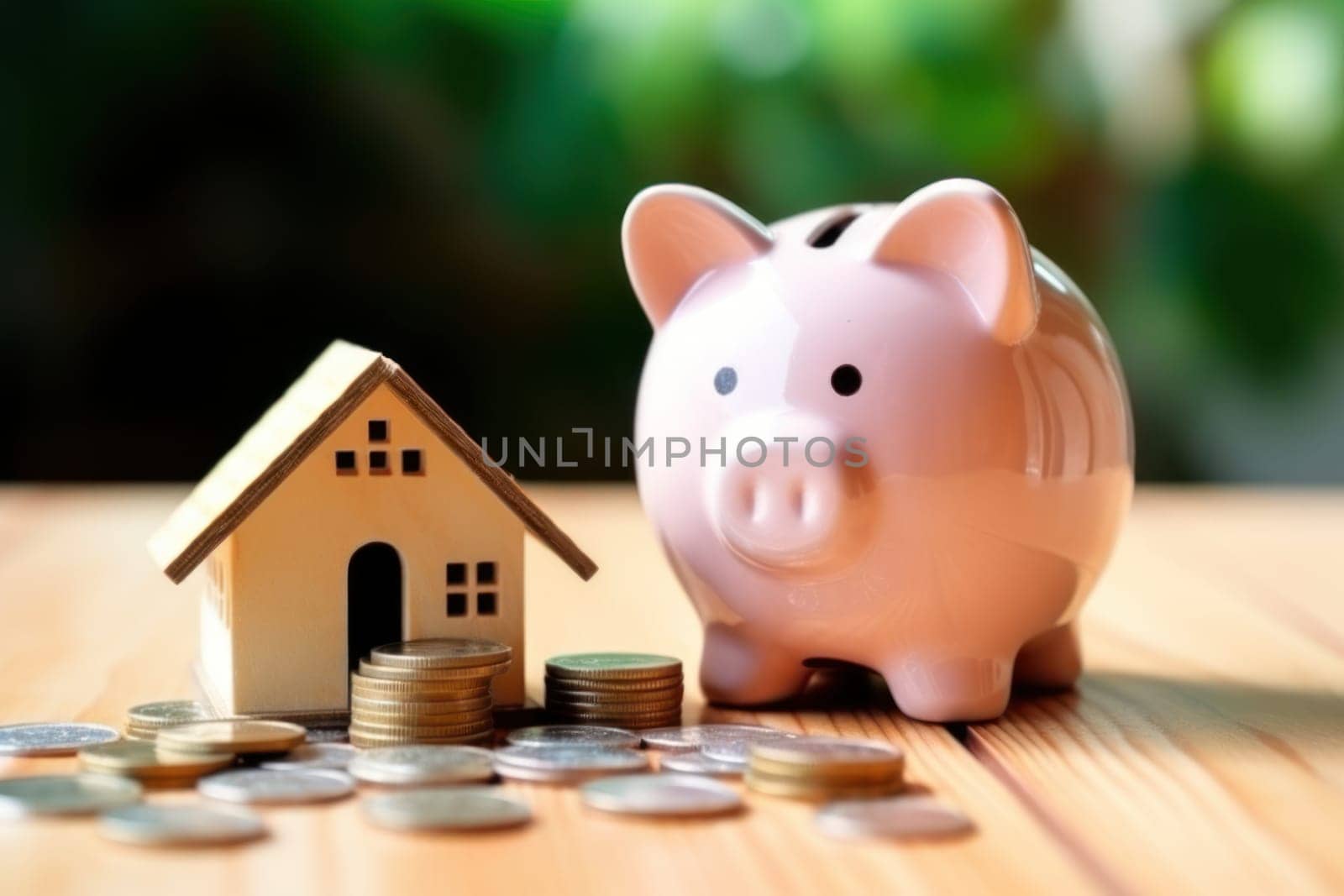 Model house piggy bank and coin Generative AI.
