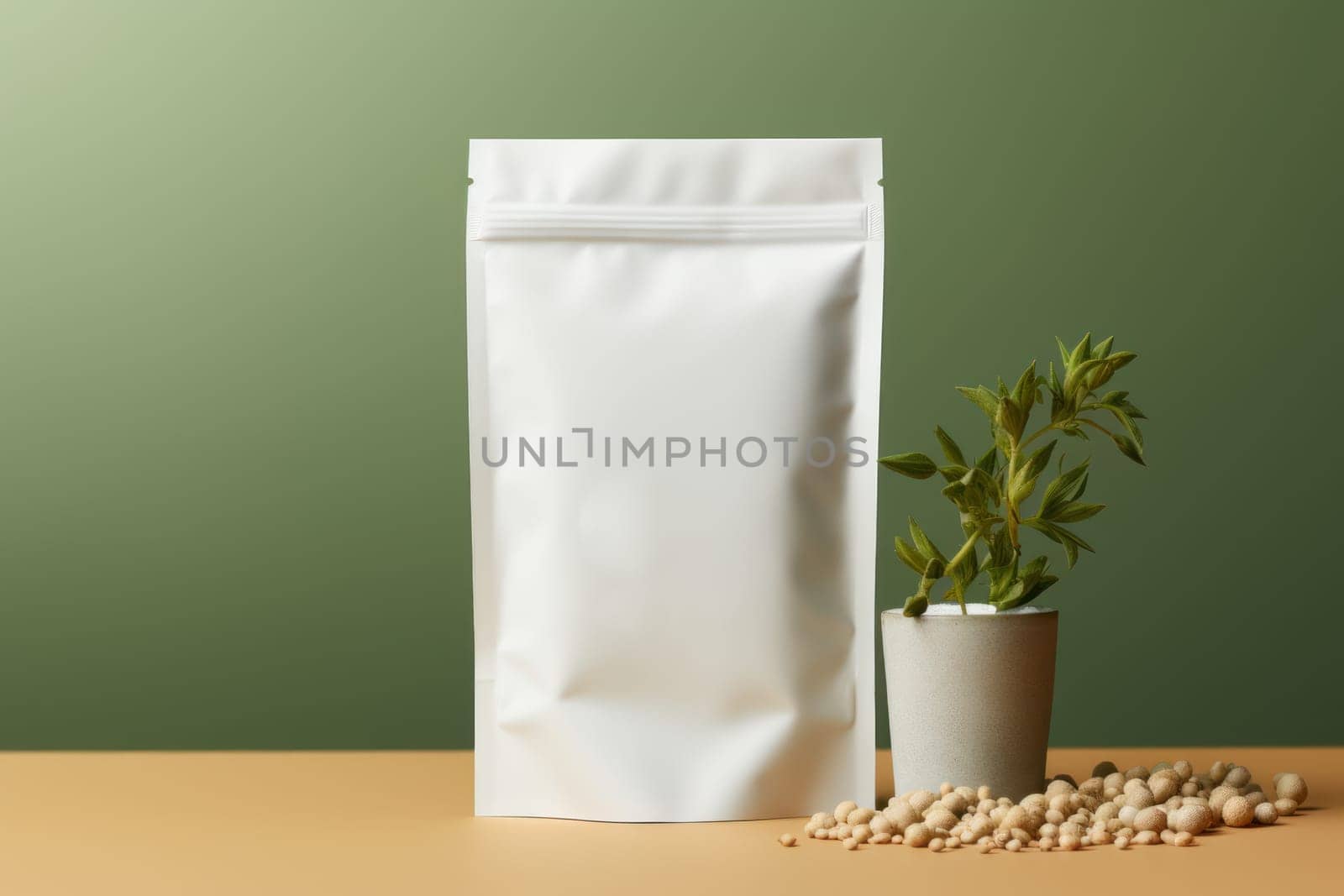 White Blank Coffee bag Pack Mockup Stand Up with pastel natural theme background Generative AI.