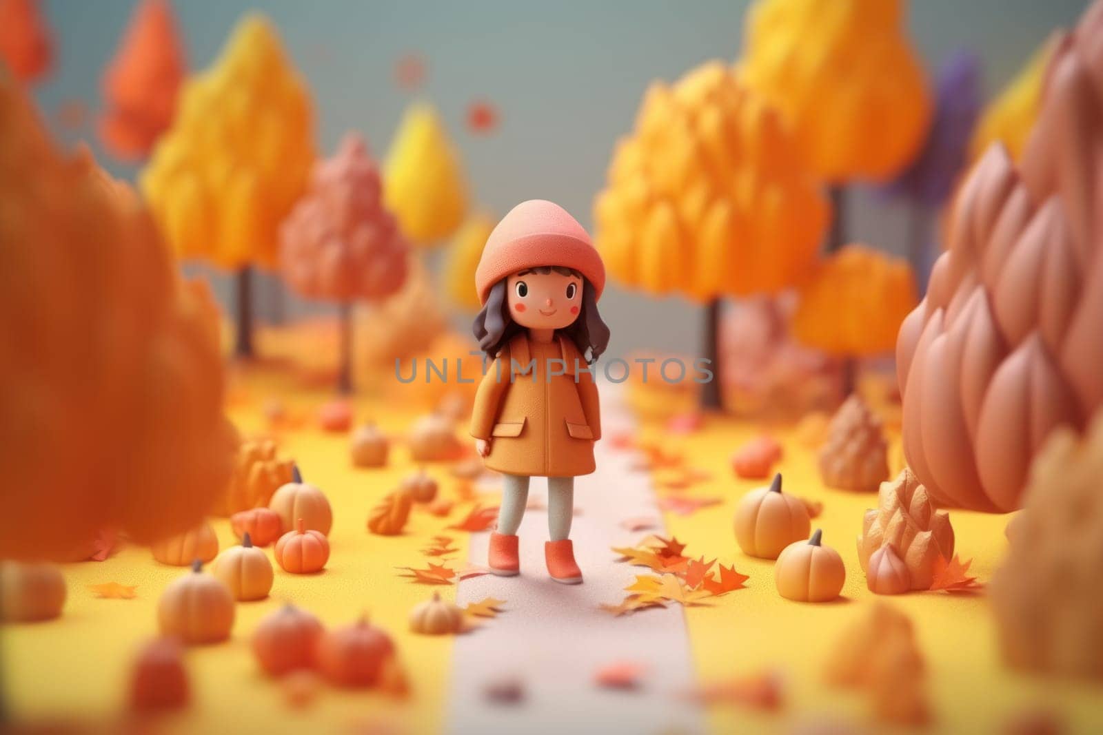A girl walking in autumn season concept 3d Tiny cute isometric Generative AI.