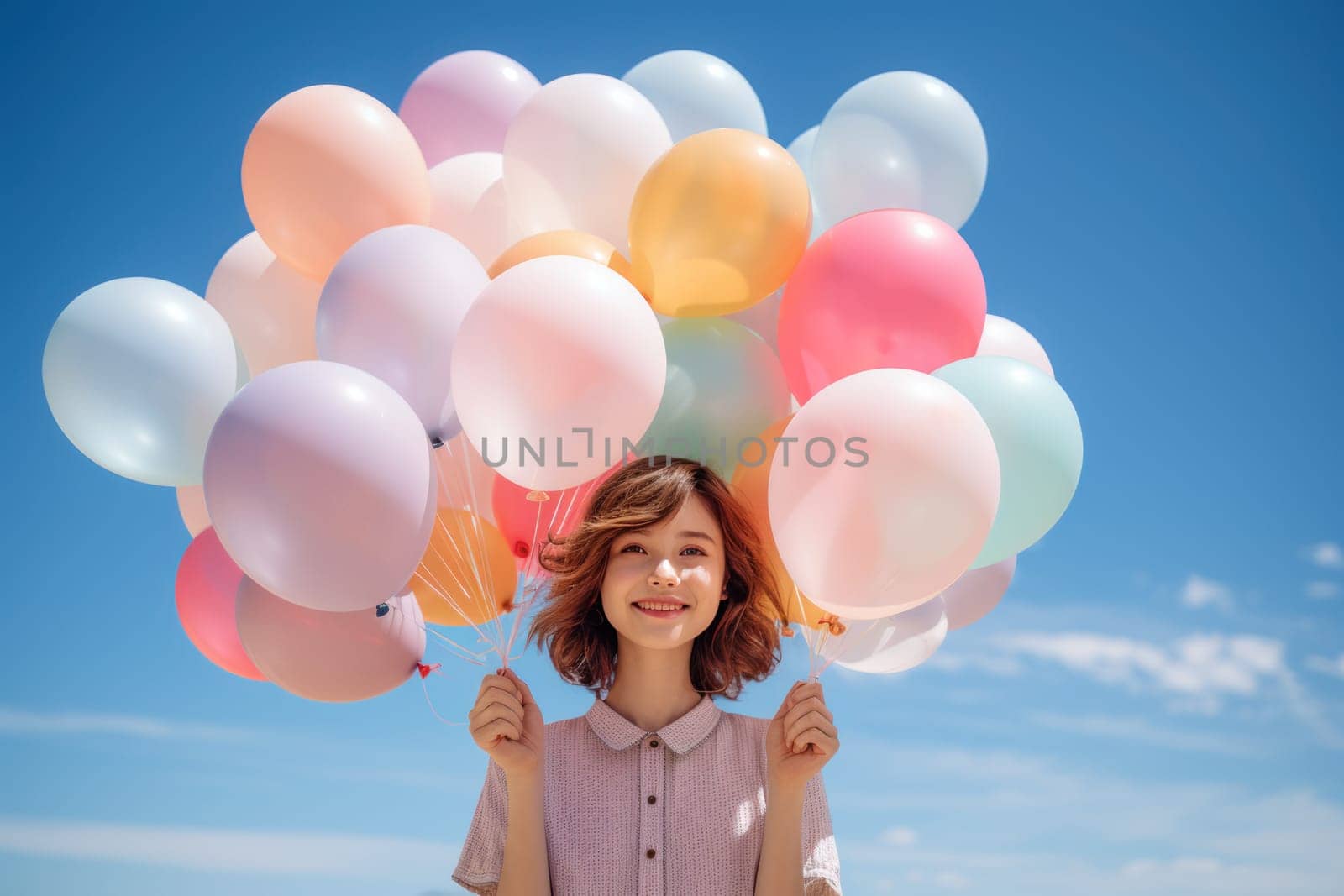 Creative scene with a hand holding a bunch of colorful balloons Generative AI.
