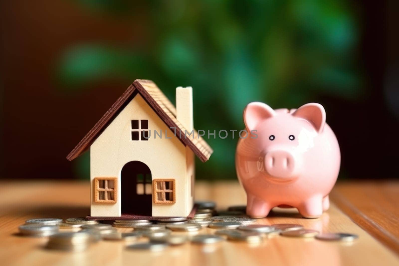 Model house piggy bank and coin Generative AI.