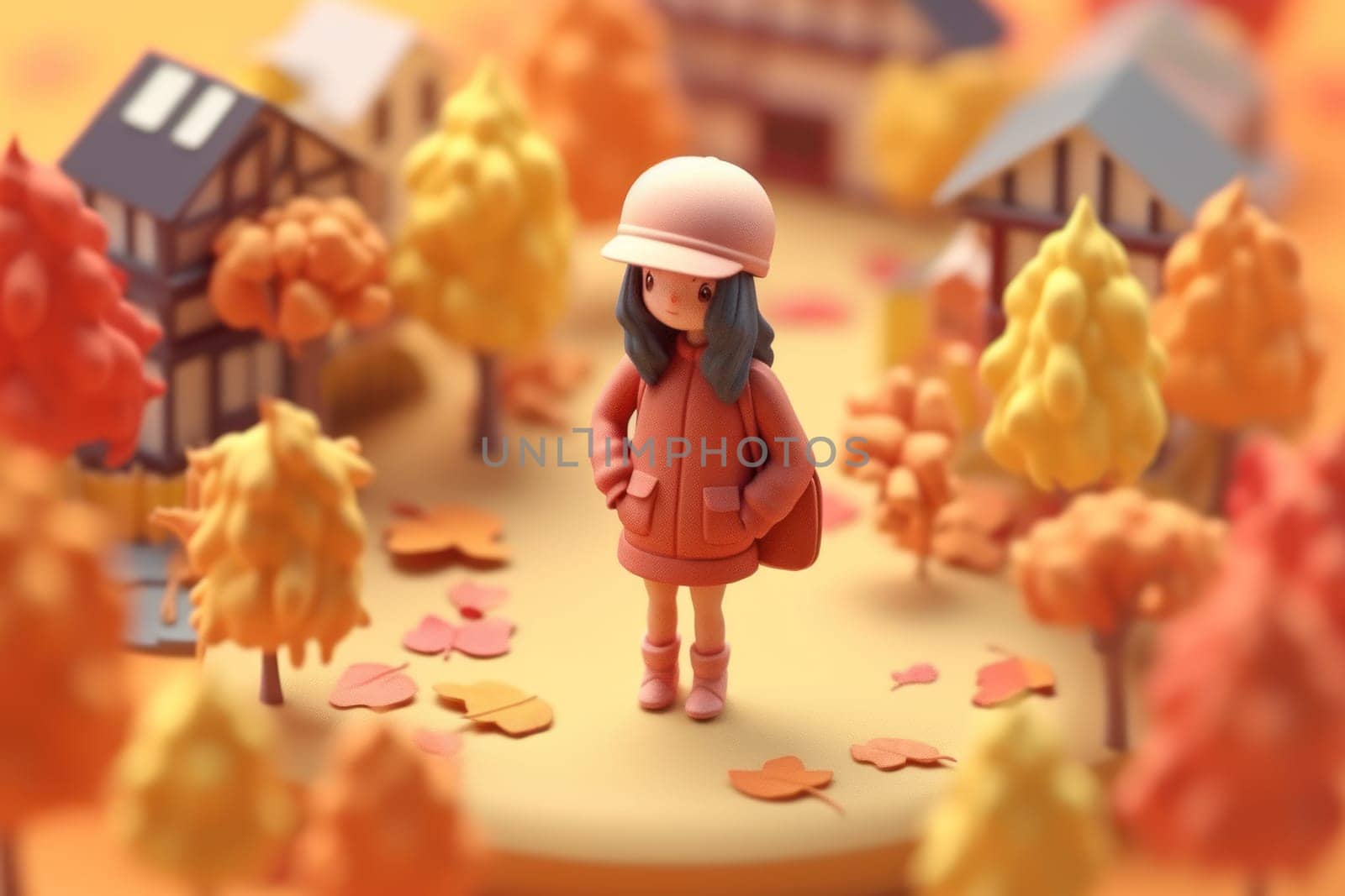 A girl walking in autumn season concept 3d Tiny cute isometric Generative AI.