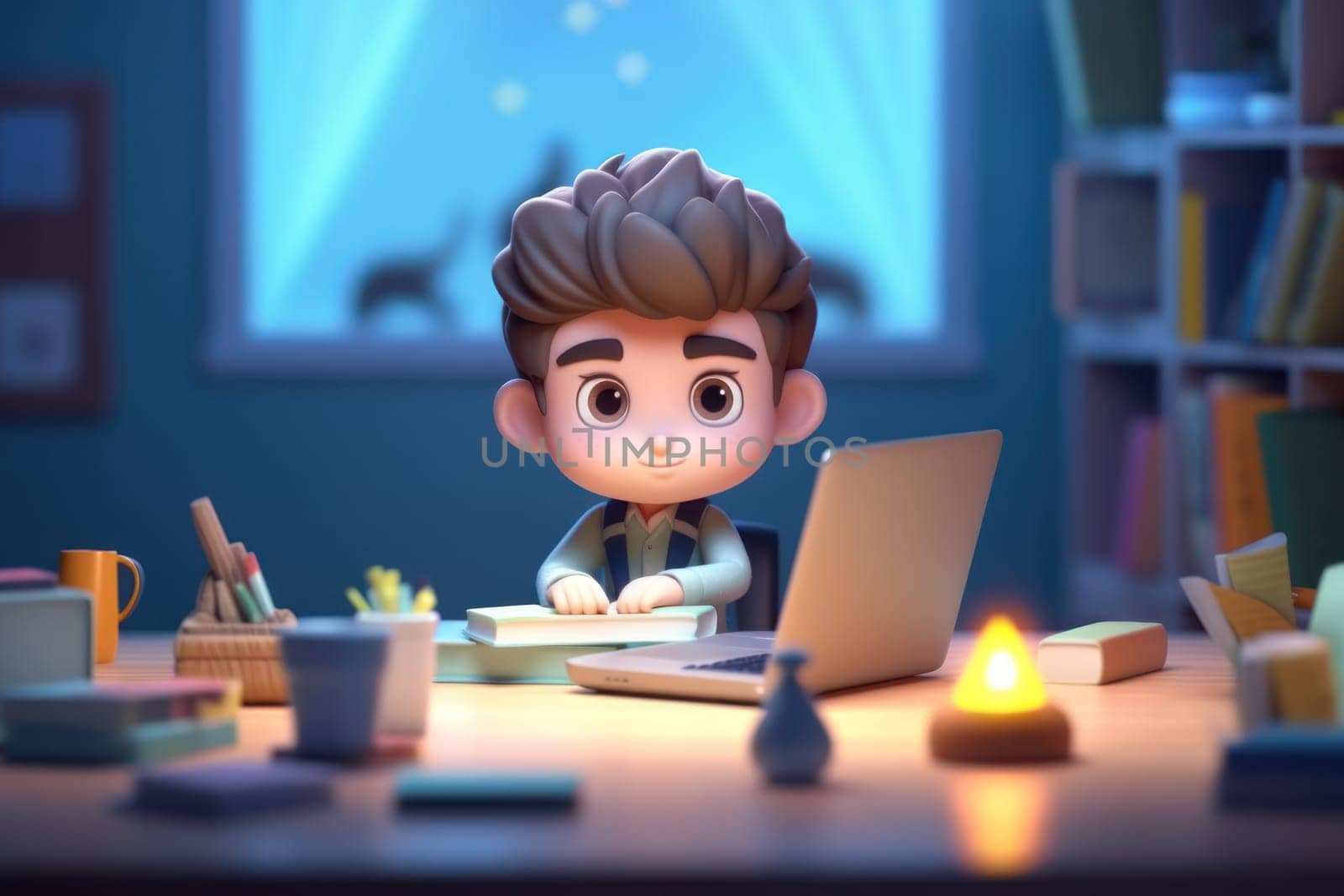 A business boy working with laptop on desk 3D Tiny cute isometric Generative AI.