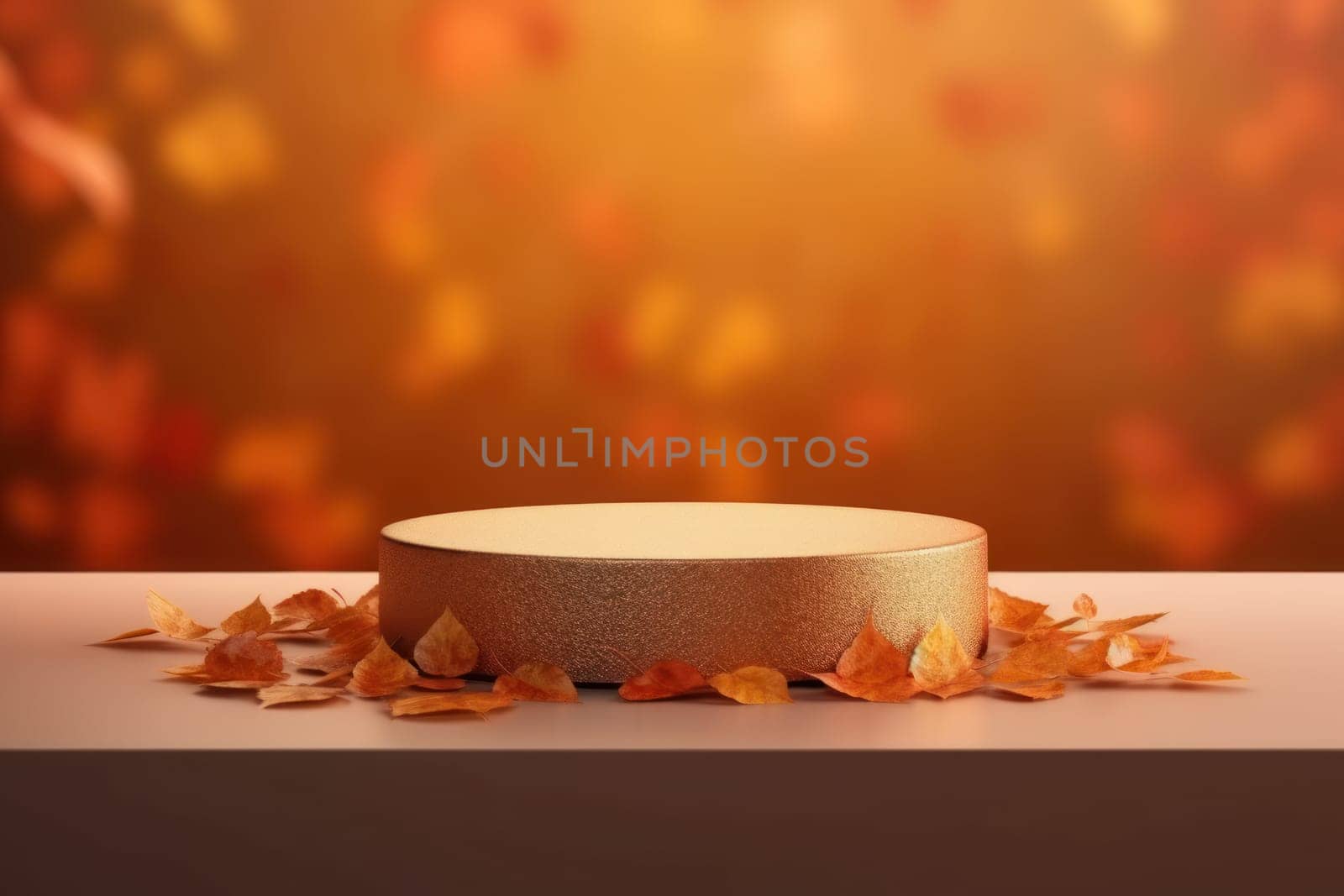Minimal podium mockup on autumn background. Generative AI.