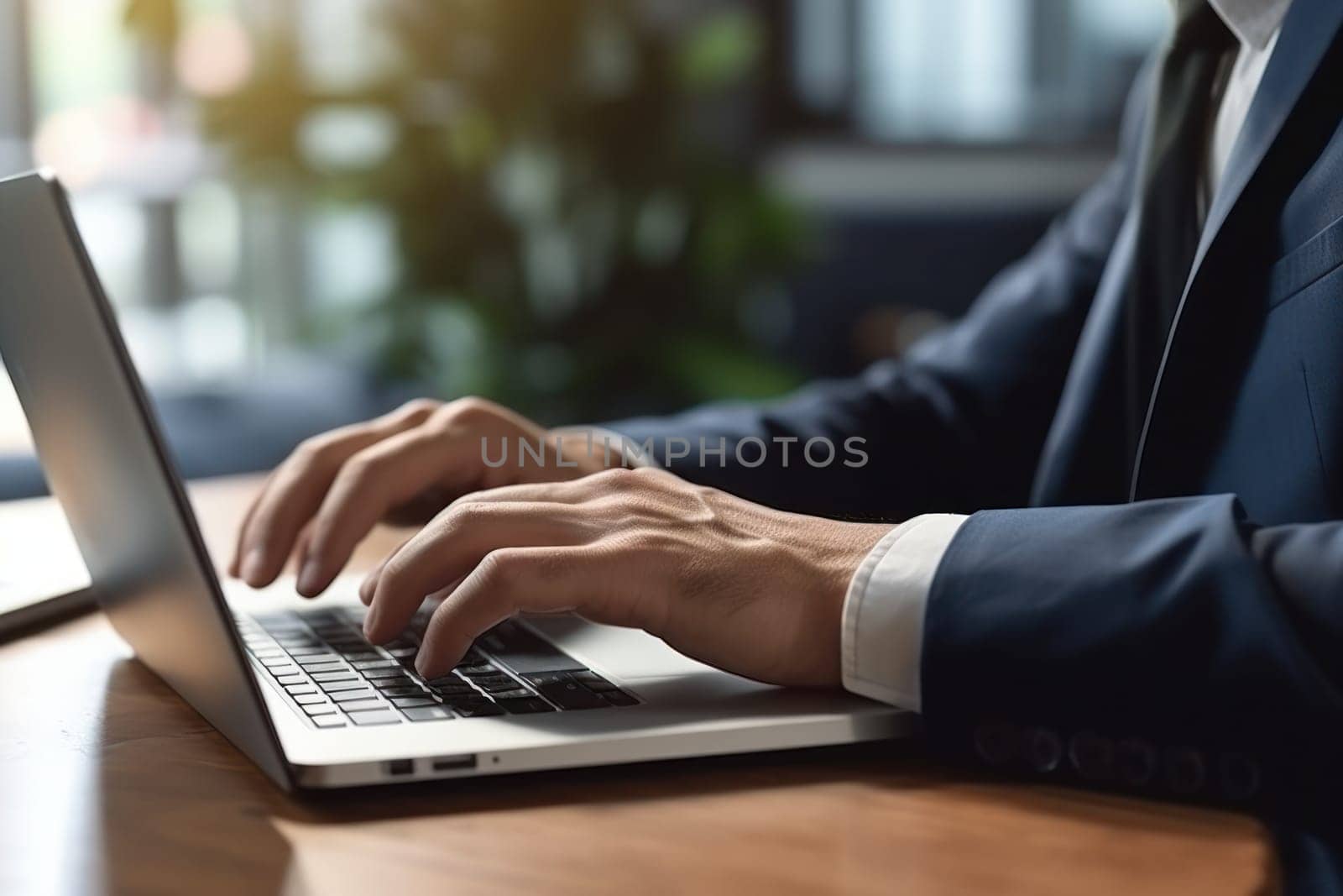 Closeup shot hands working on a laptop Generative AI by nijieimu