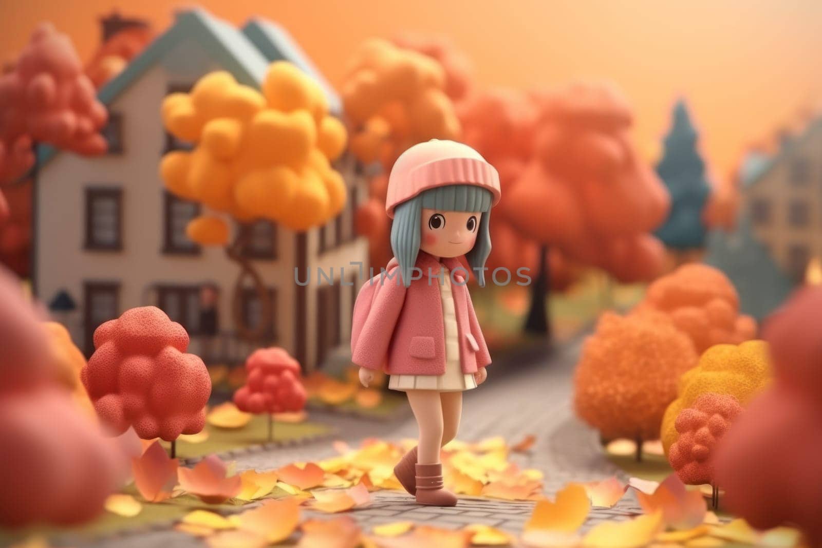 A girl walking in autumn season concept 3d Tiny cute isometric Generative AI.