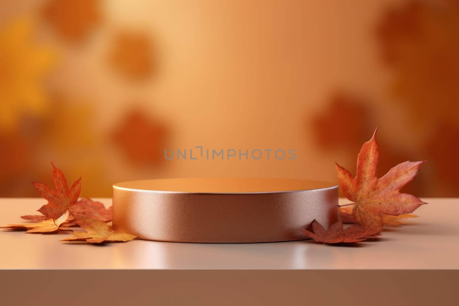 Minimal podium mockup on autumn background. Generative AI.