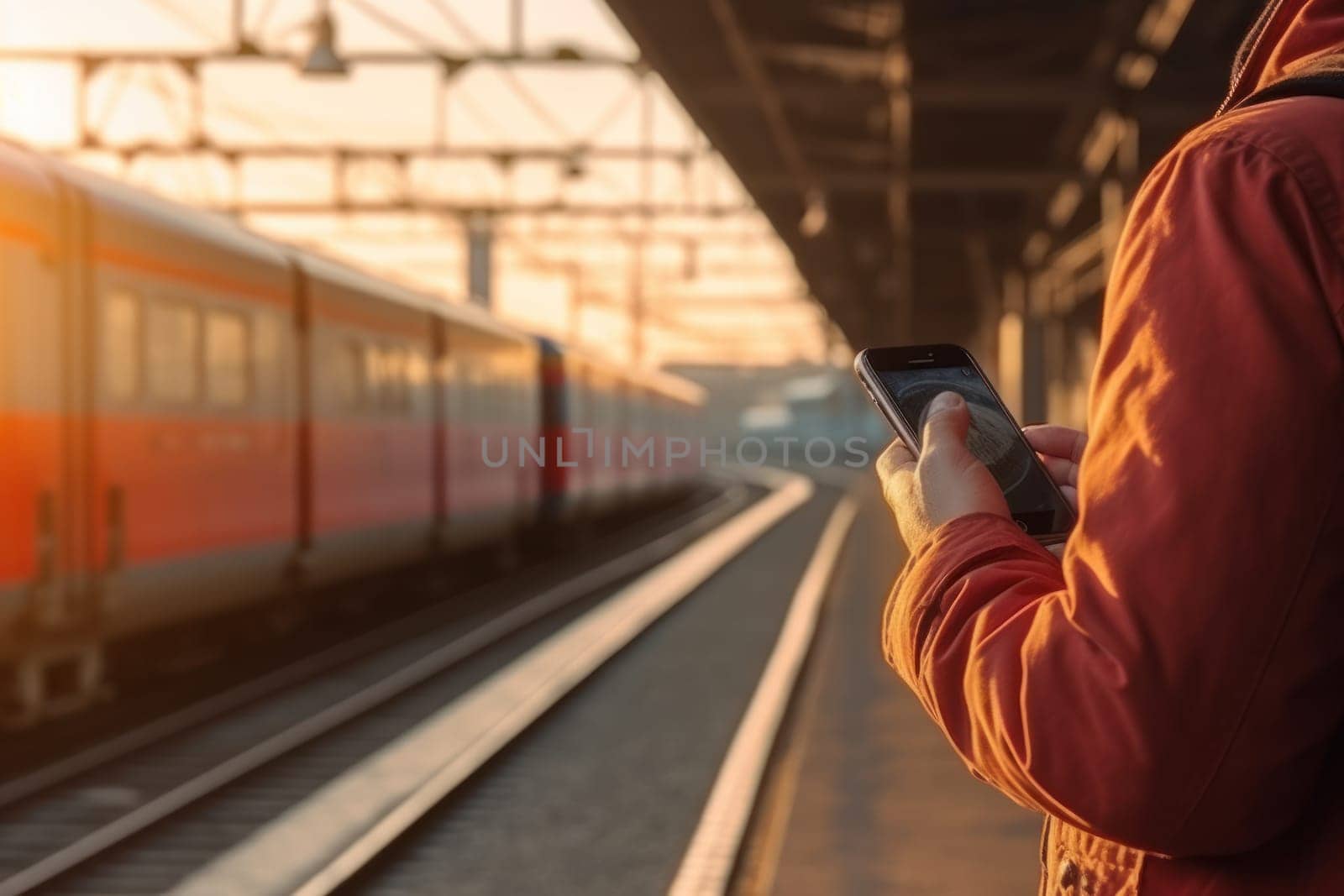 Close up Hand of human using mobile phone at railway station Generative AI.