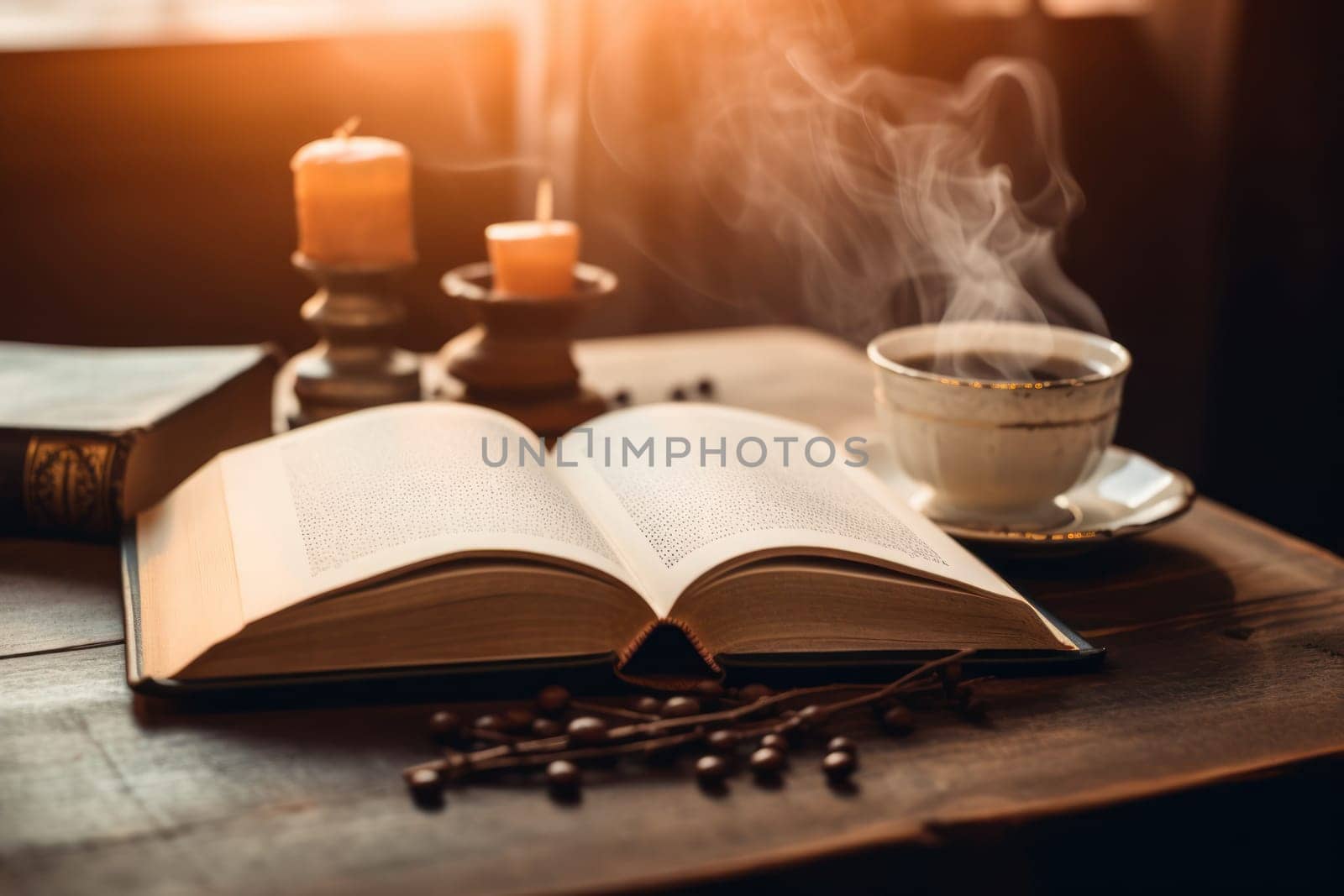 A coffee cup is placed on the table there is a book on the side simple scene Generative AI.