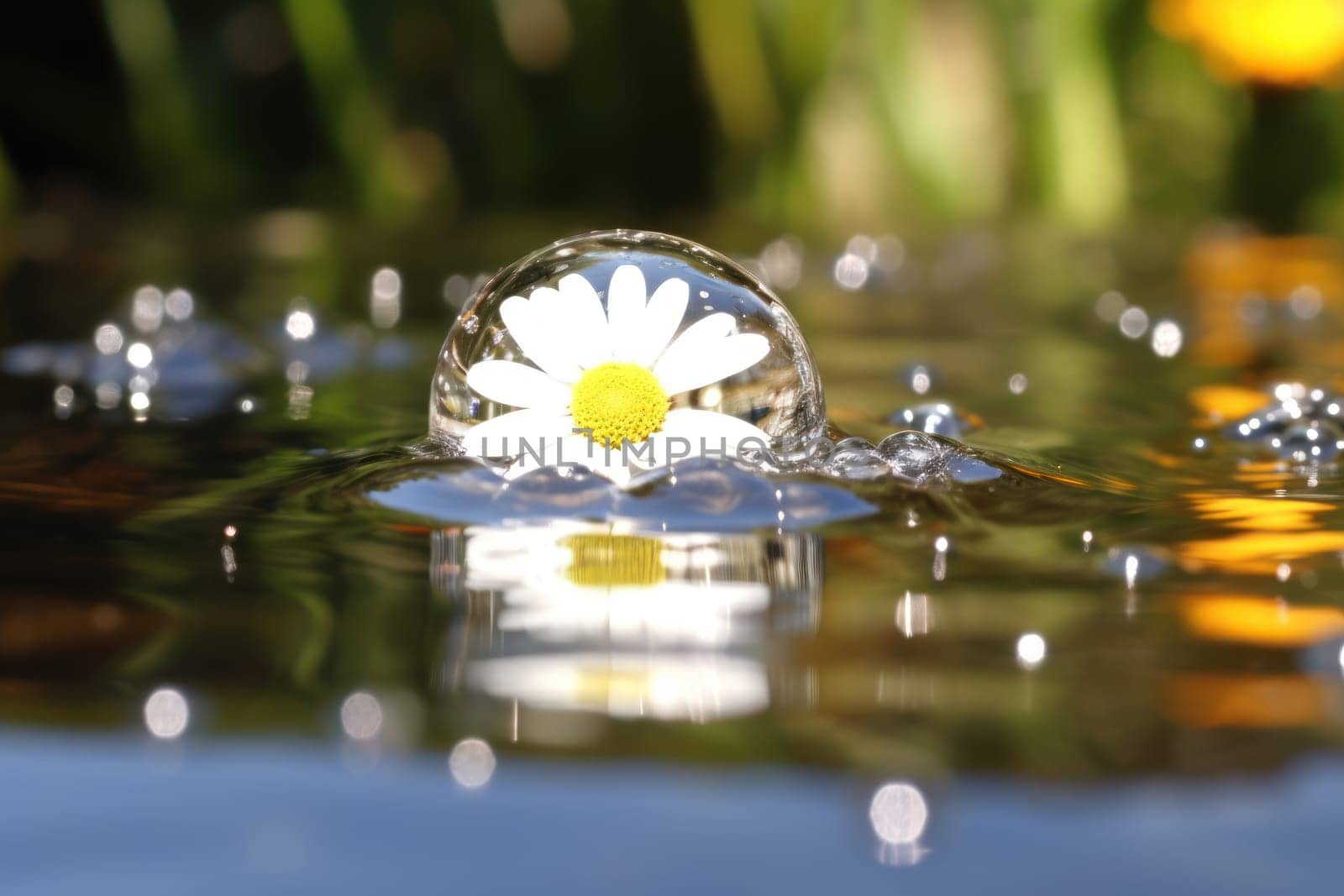 Fresh white daisy with water droplets and a reflection Generative AI.