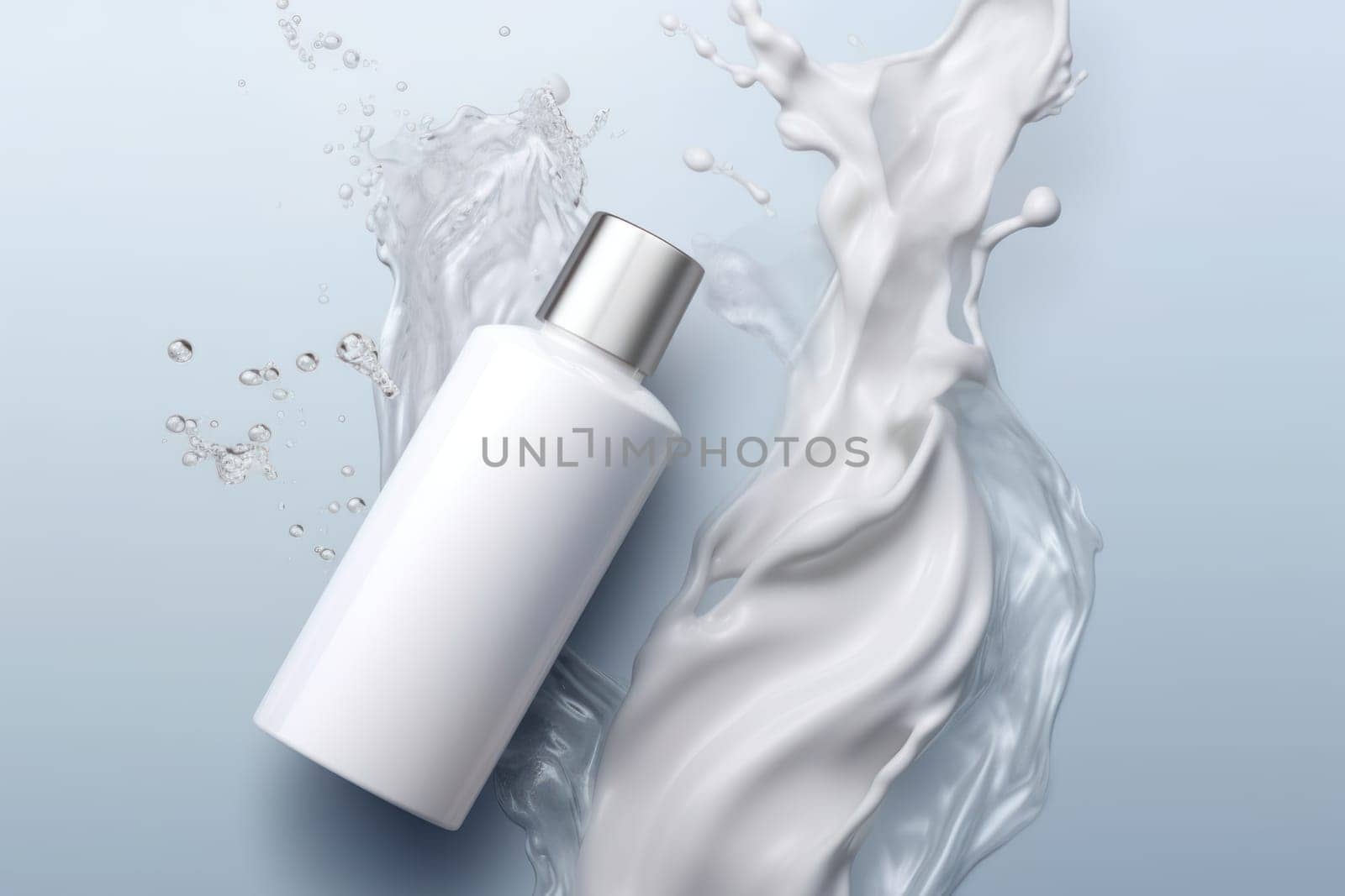 Cream bottle mock up in water splash background 3D render Generative AI.
