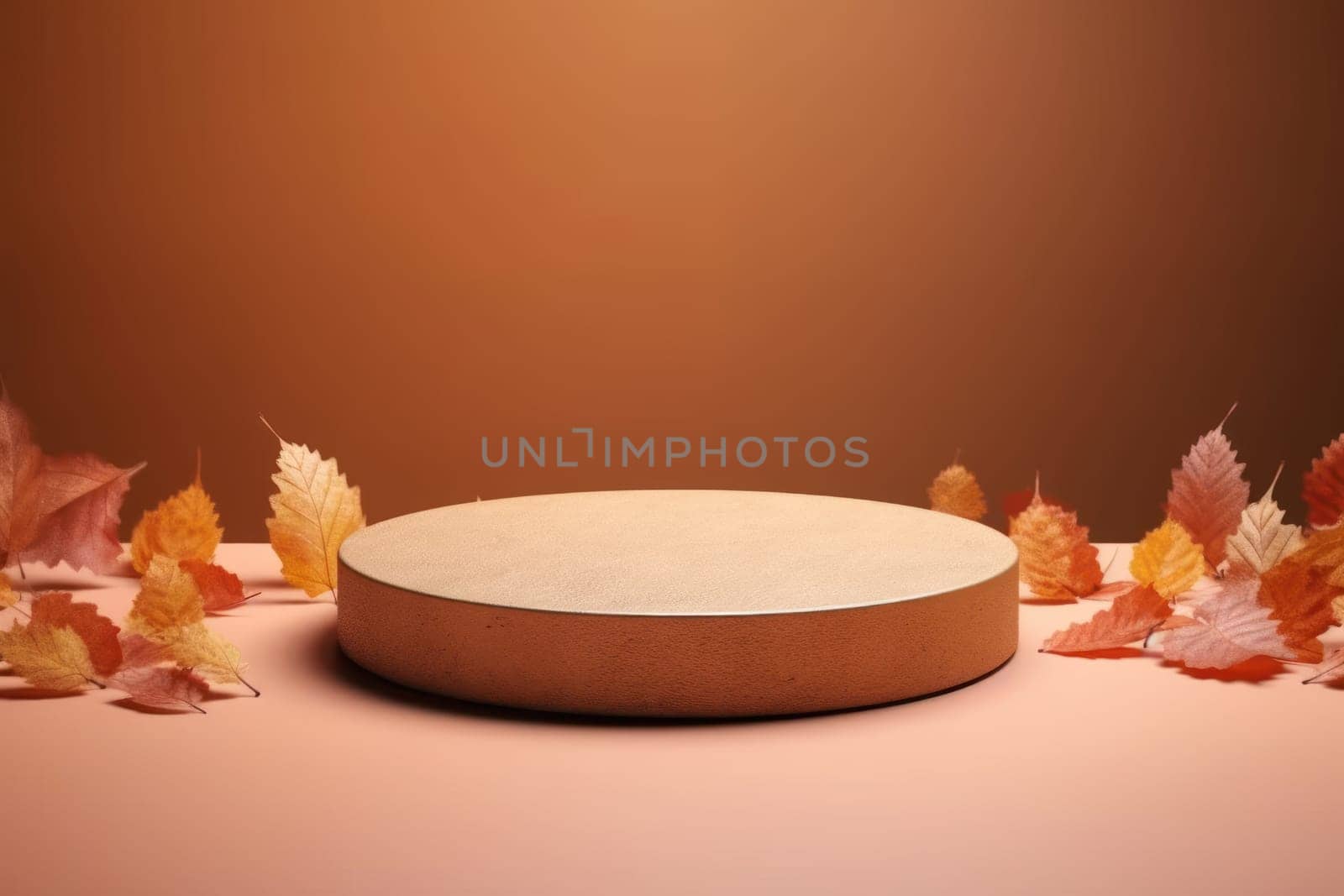 Minimal podium mockup on autumn background. Generative AI.