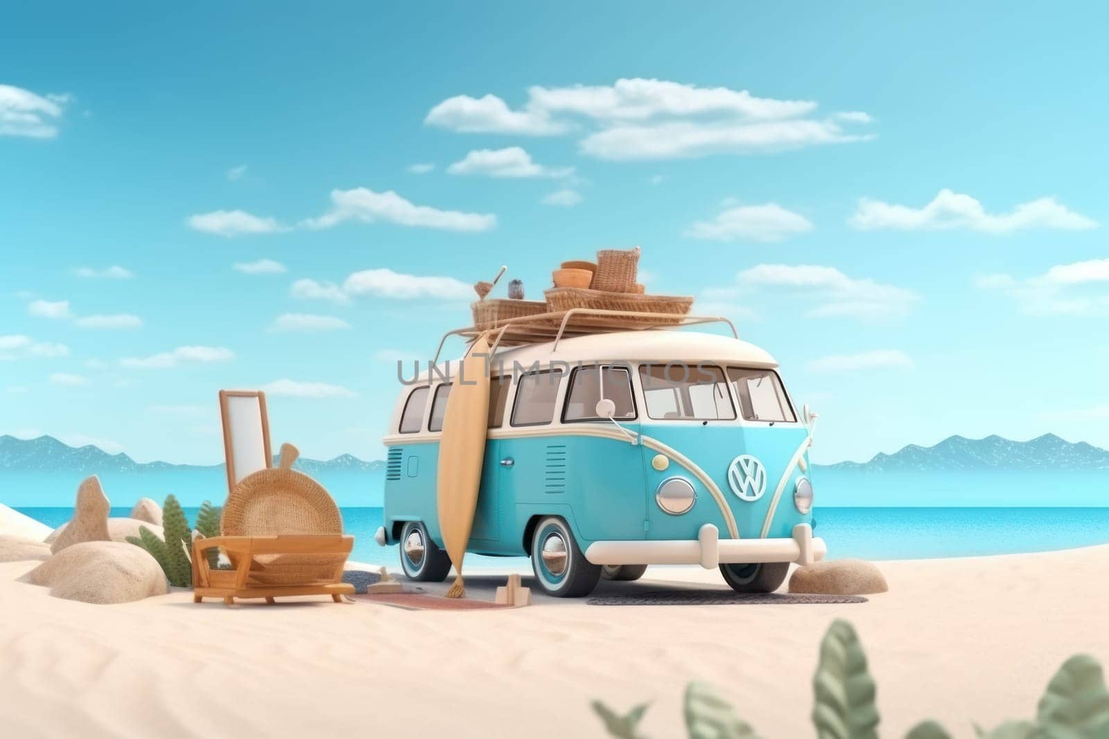 Summer vacation travel holiday van and beach accessories with beautiful sea background Generative AI.