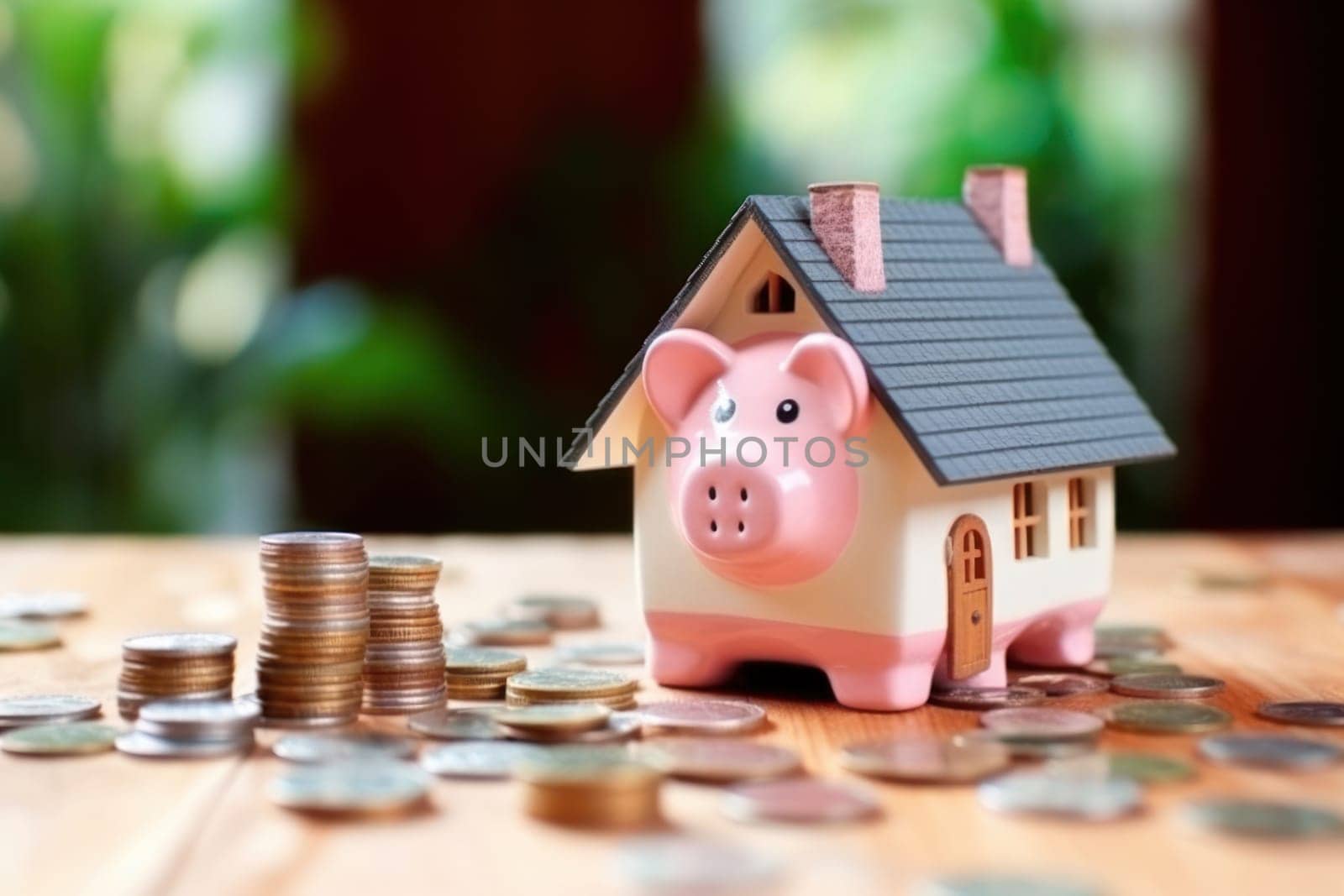 Model house piggy bank and coin Generative AI.