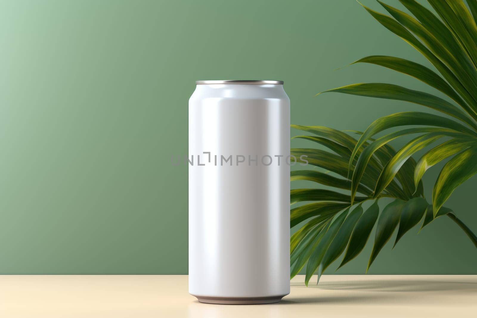 White Blank beer can Mockup with natural theme background Generative AI.
