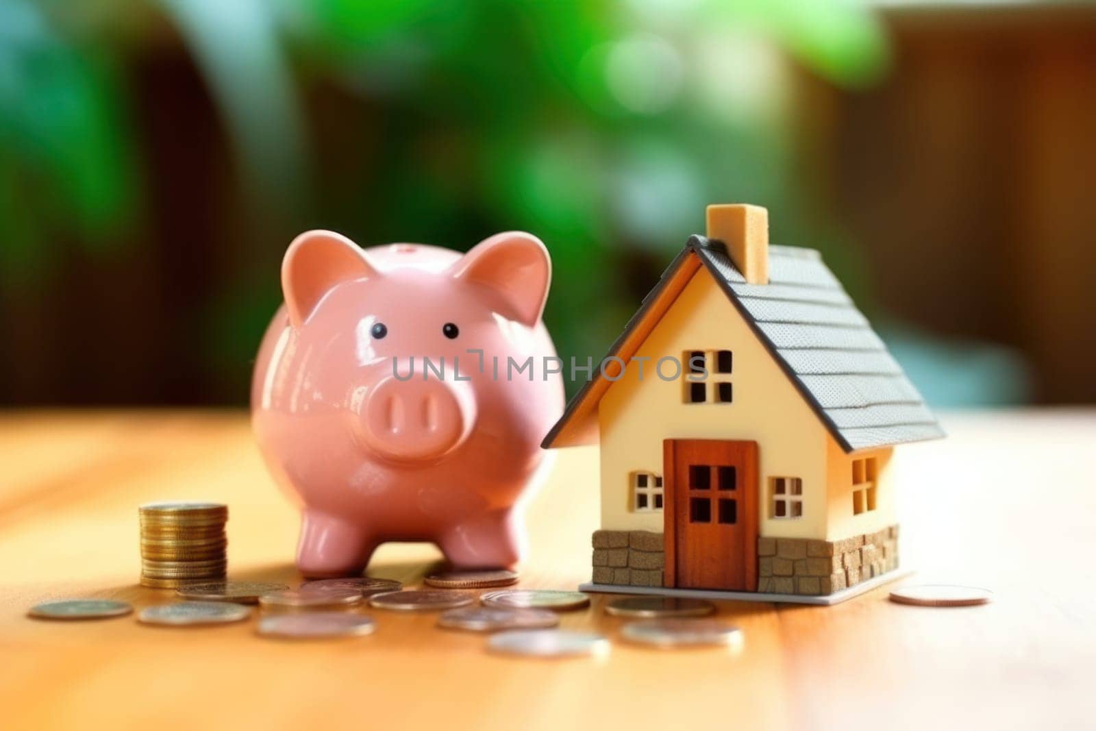 Model house piggy bank and coin Generative AI.