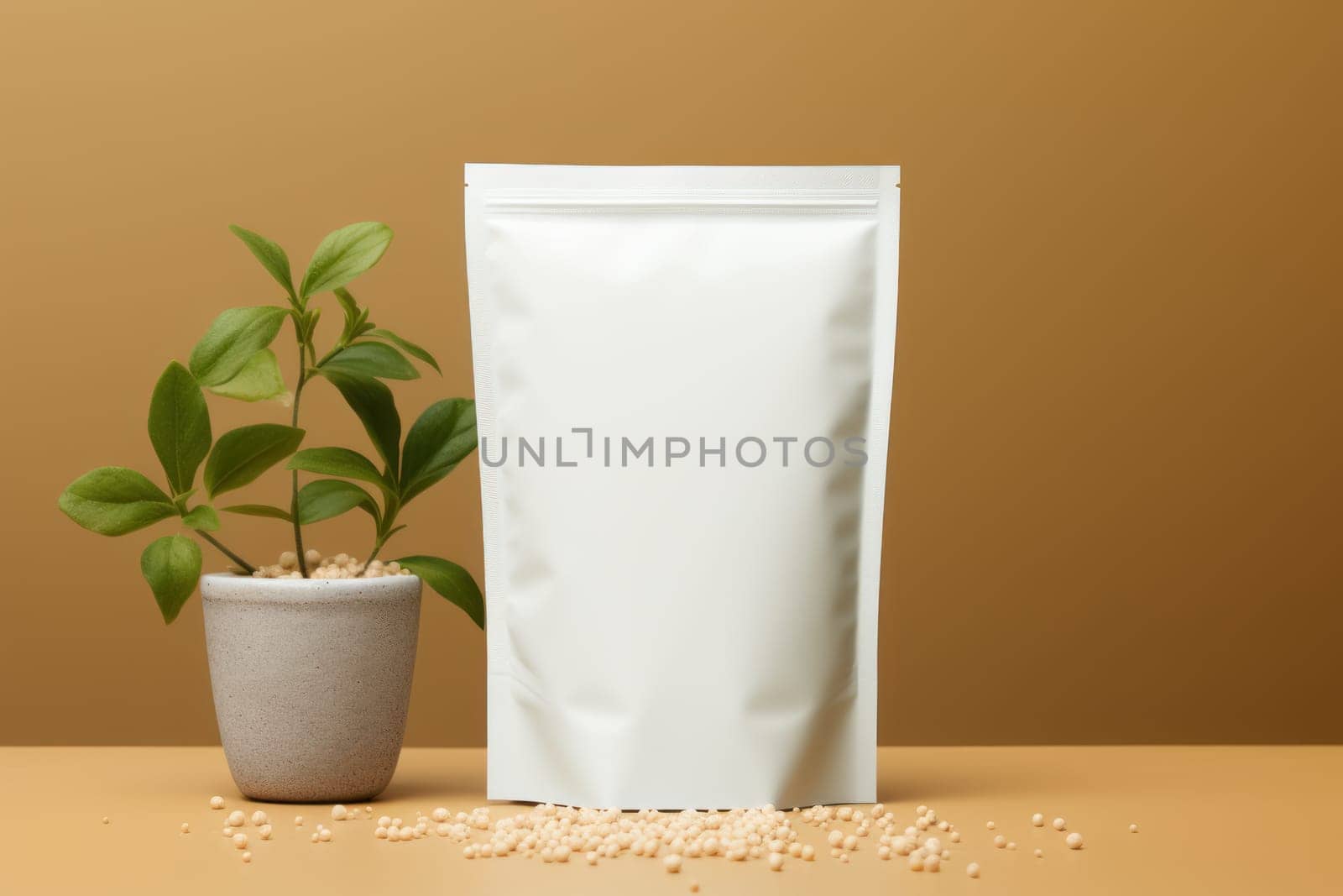 White Blank Coffee bag Pack Mockup Stand Up with pastel natural theme background Generative AI.