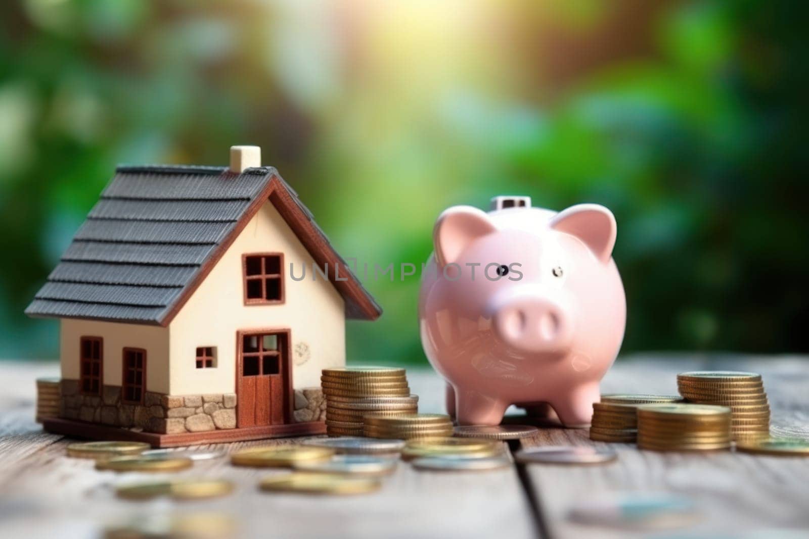 Model house piggy bank and coin Generative AI.