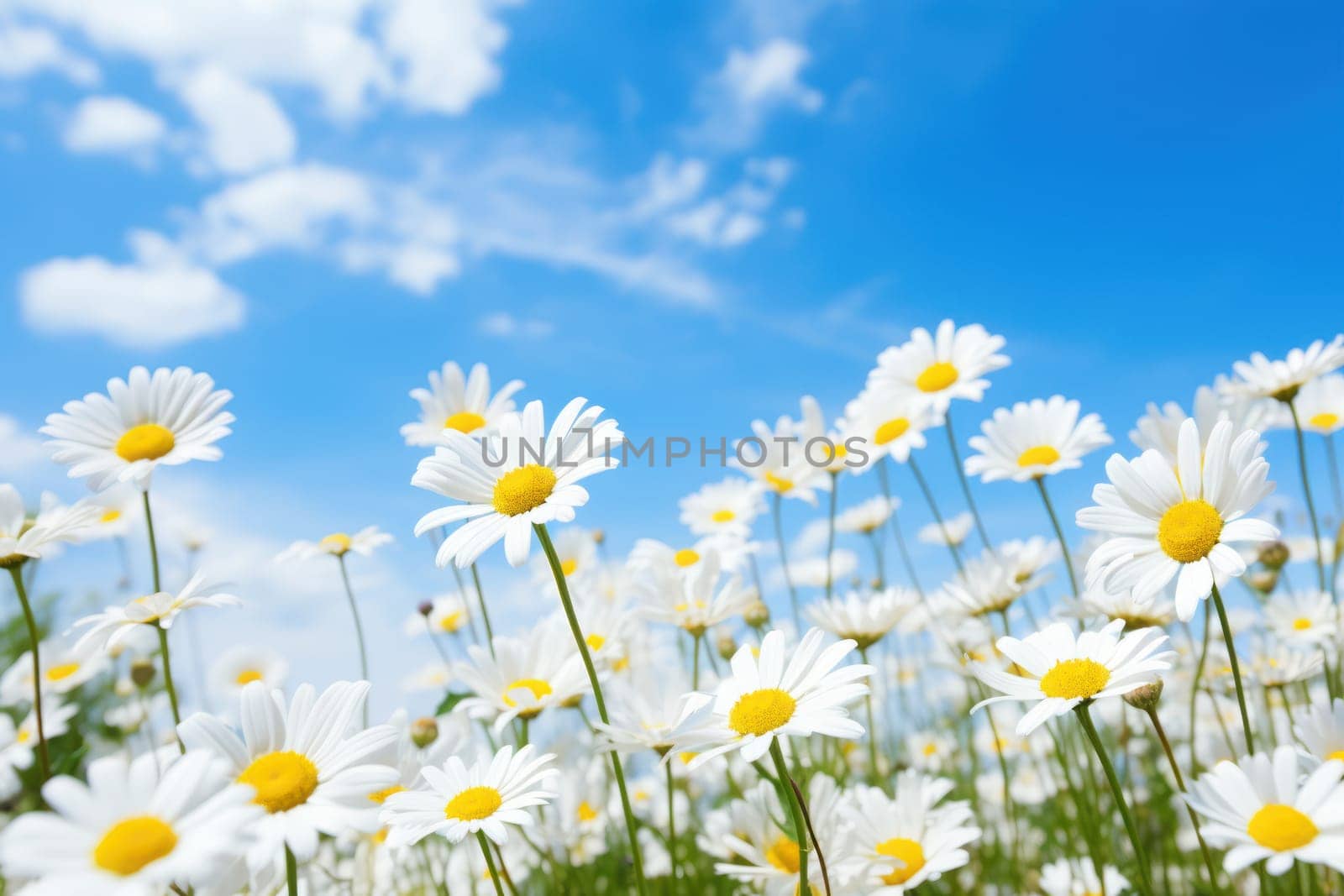 Field of blooming Daisies and blue sky Generative AI.