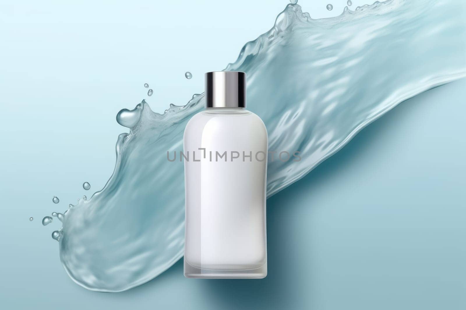 Cream bottle mock up in water splash background 3D render Generative AI.