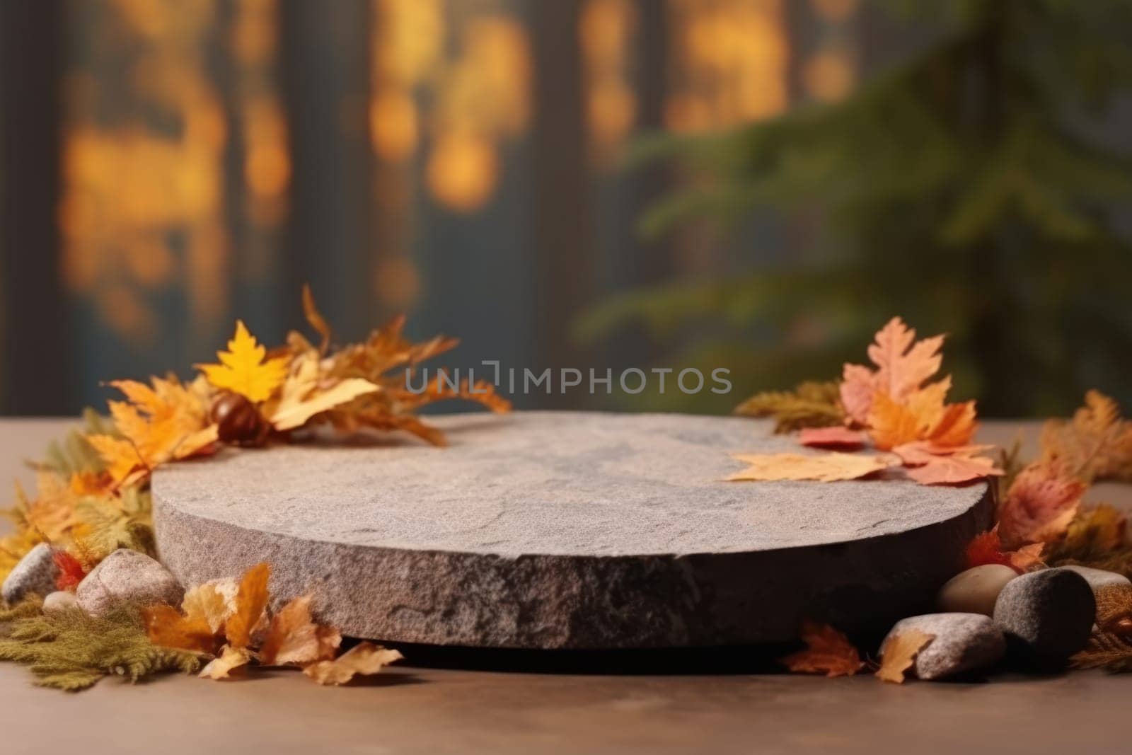 Minimal podium mockup on autumn background. Generative AI.