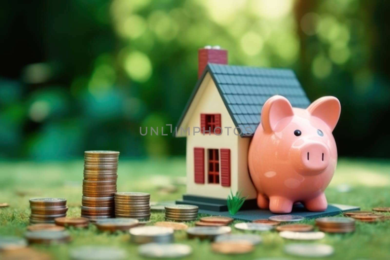 Model house piggy bank and coin Generative AI.