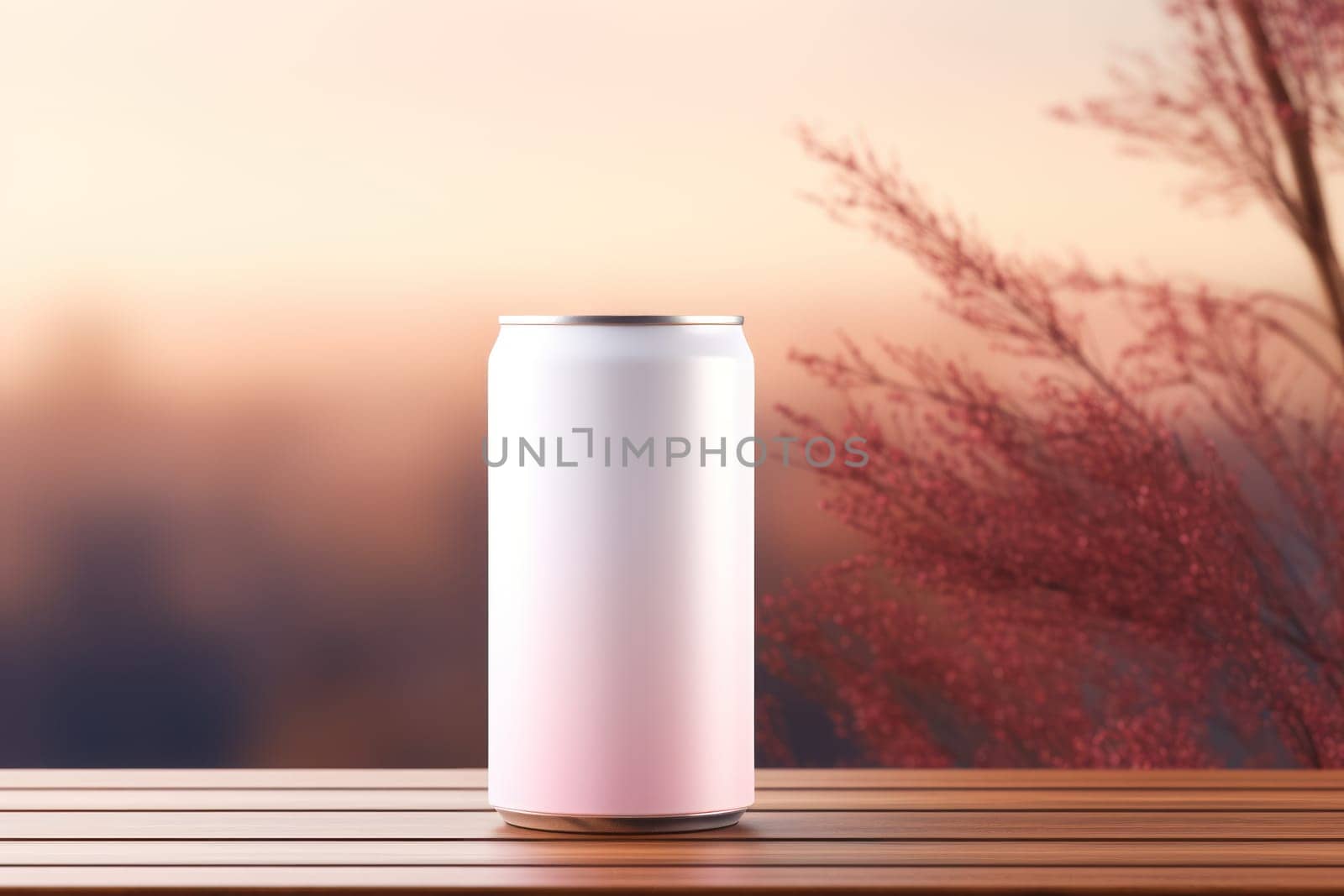 White Blank beer can Mockup with natural theme background Generative AI.